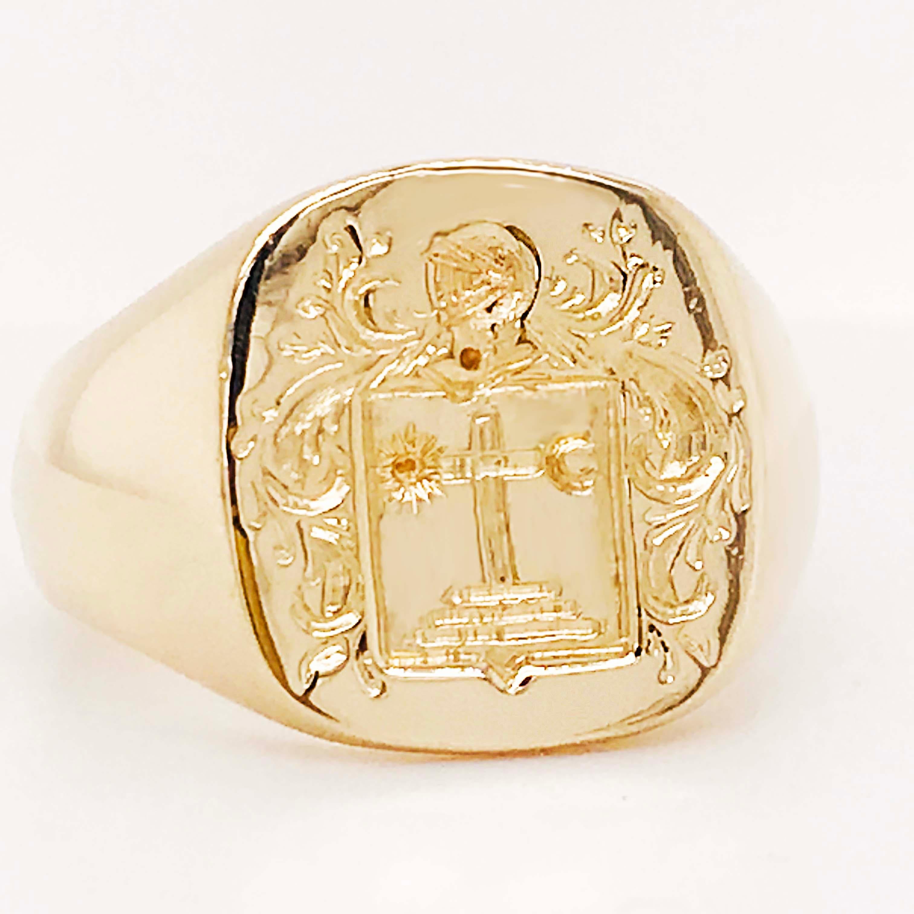 Religious Coat of Arms Signet Ring CIRCA 2000. This Men's signet ring is a religious fine jewelry piece with the Coat of Arms Crest on the top. This ring is CIRCA 2000 and is incredible condition, like new! The design was handmade and very detailed!