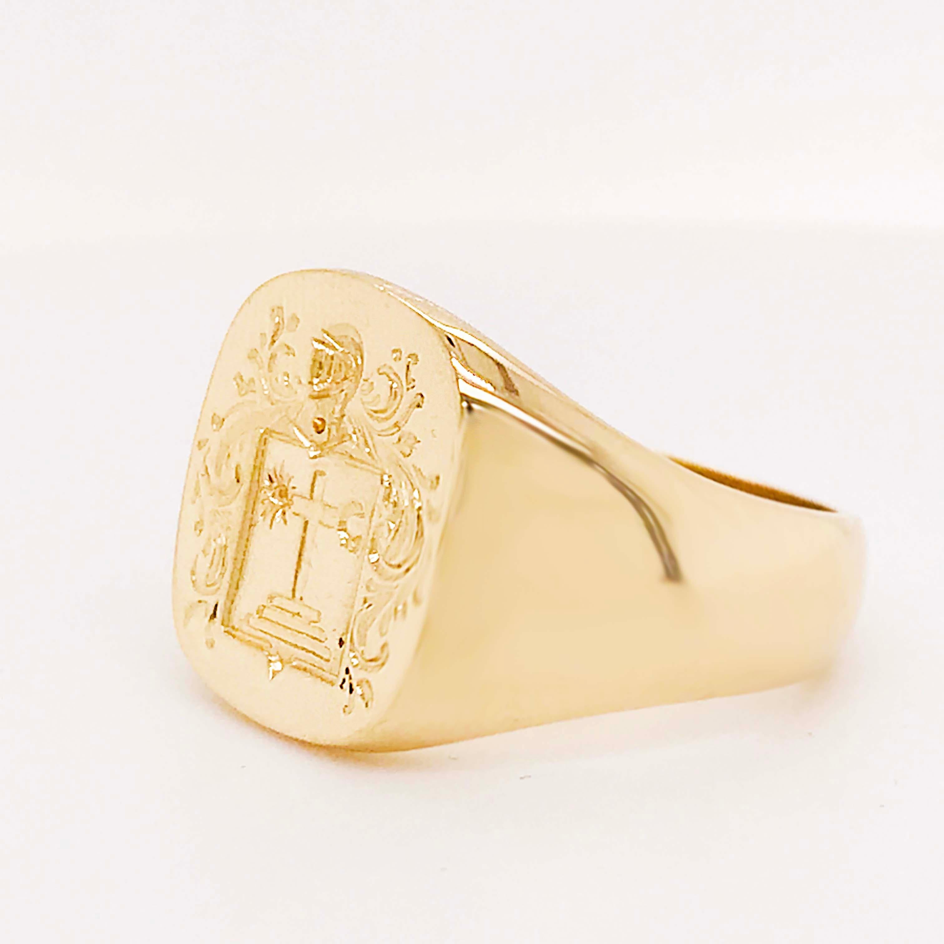 Men's Cross Signet Man's Ring in 14K Yellow Gold, Religious Coat of Arms Ring