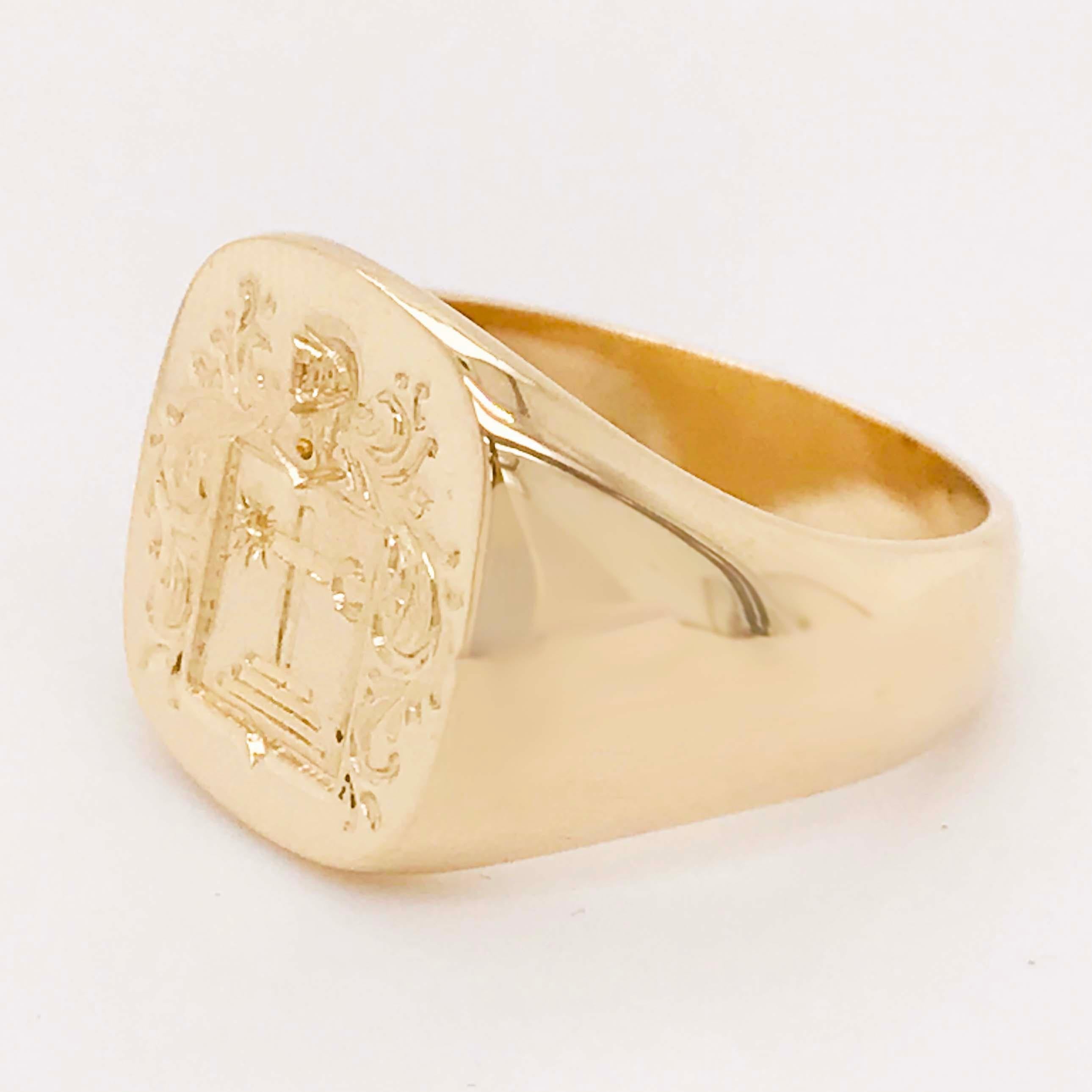Cross Signet Man's Ring in 14K Yellow Gold, Religious Coat of Arms Ring 1