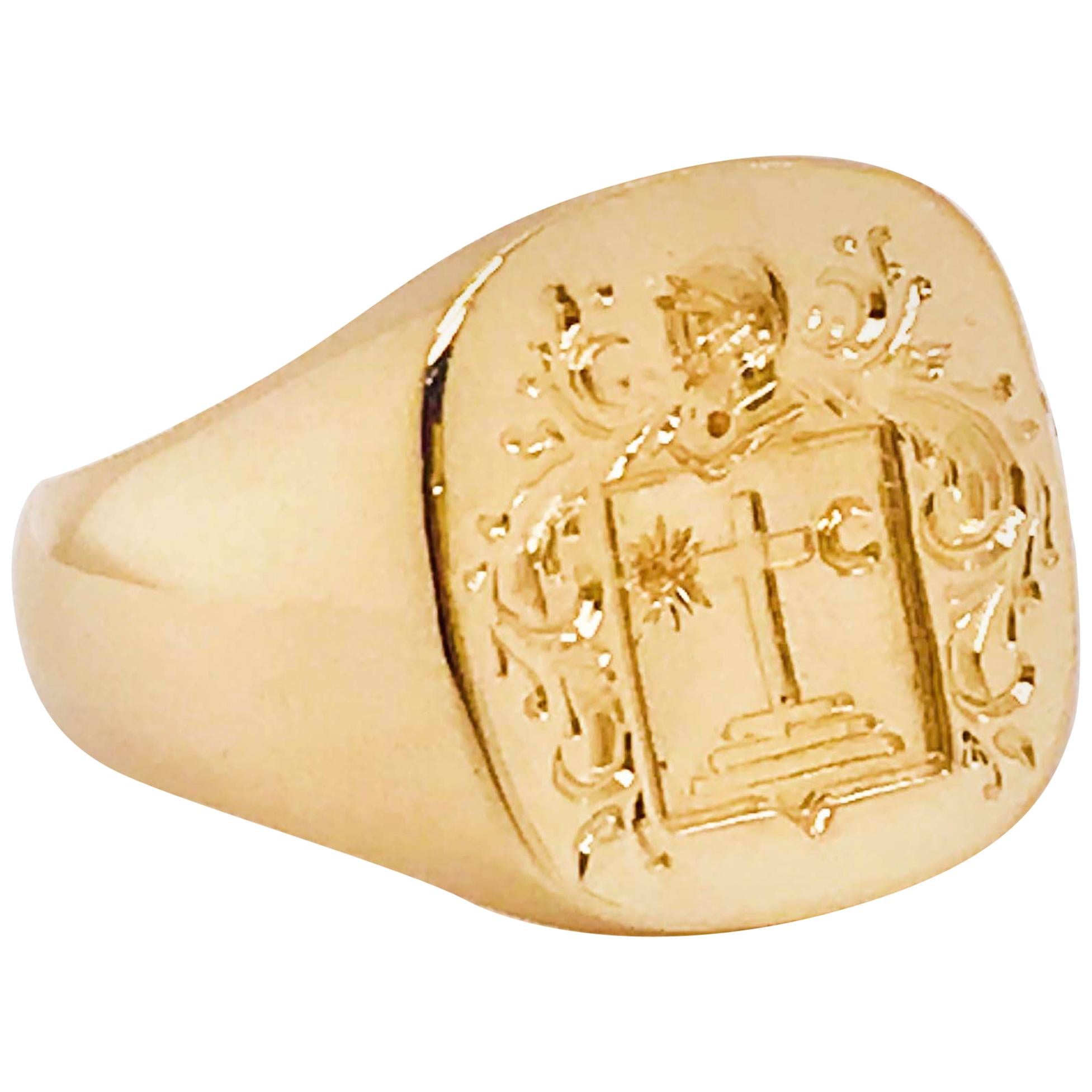 Cross Signet Man's Ring in 14K Yellow Gold, Religious Coat of Arms Ring