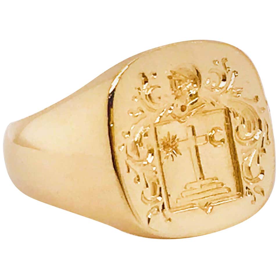 Relligious Ring Cross Signet Man's Ring in 14K Yellow Gold, Religious Coat of Arms Ring ...