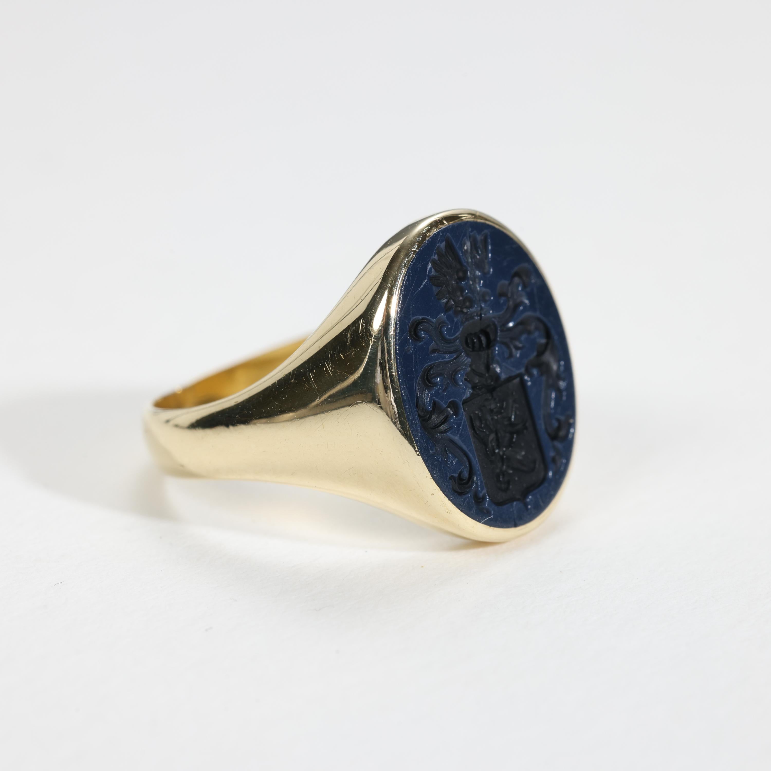 Oval Cut Coat of Arms Signet Ring, English, Victorian, 18K, Size 9