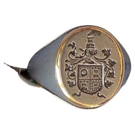 Coat of Arms Steel Gold Portuguese Nobility Mens Signet Ring For Sale