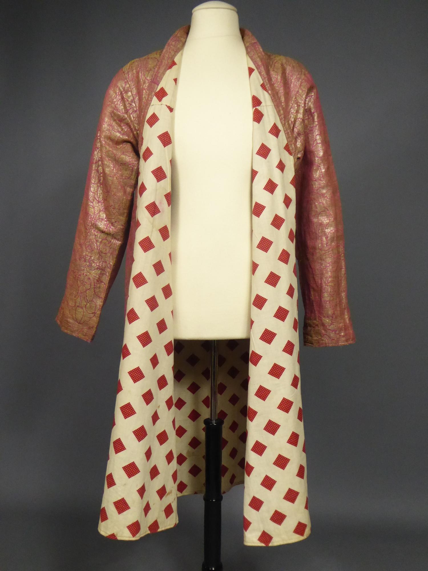 Women's or Men's Coat or Banyan in Gold Lamé and Russian Cotton Print - Uzbekistan Circa 1920