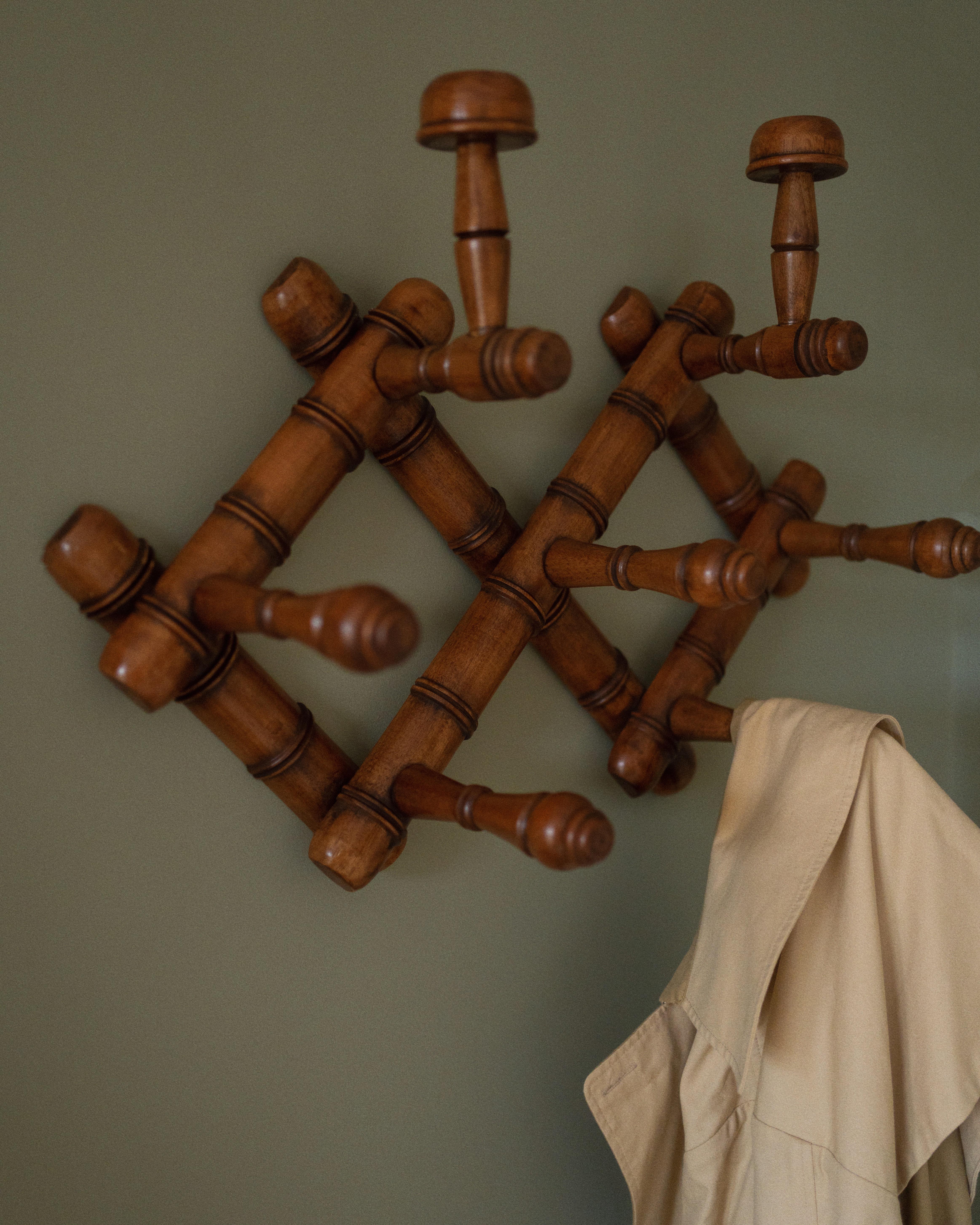 Asian Coat Rack, 7 Hooks, Dark Mahogany Wood For Sale