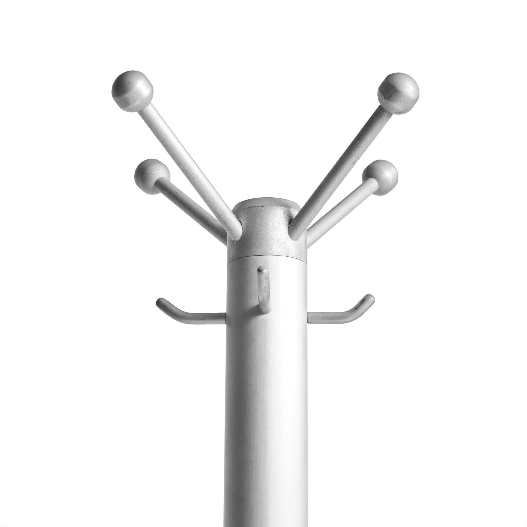 A satin aluminum coat stand with four ball-tipped double hooks.