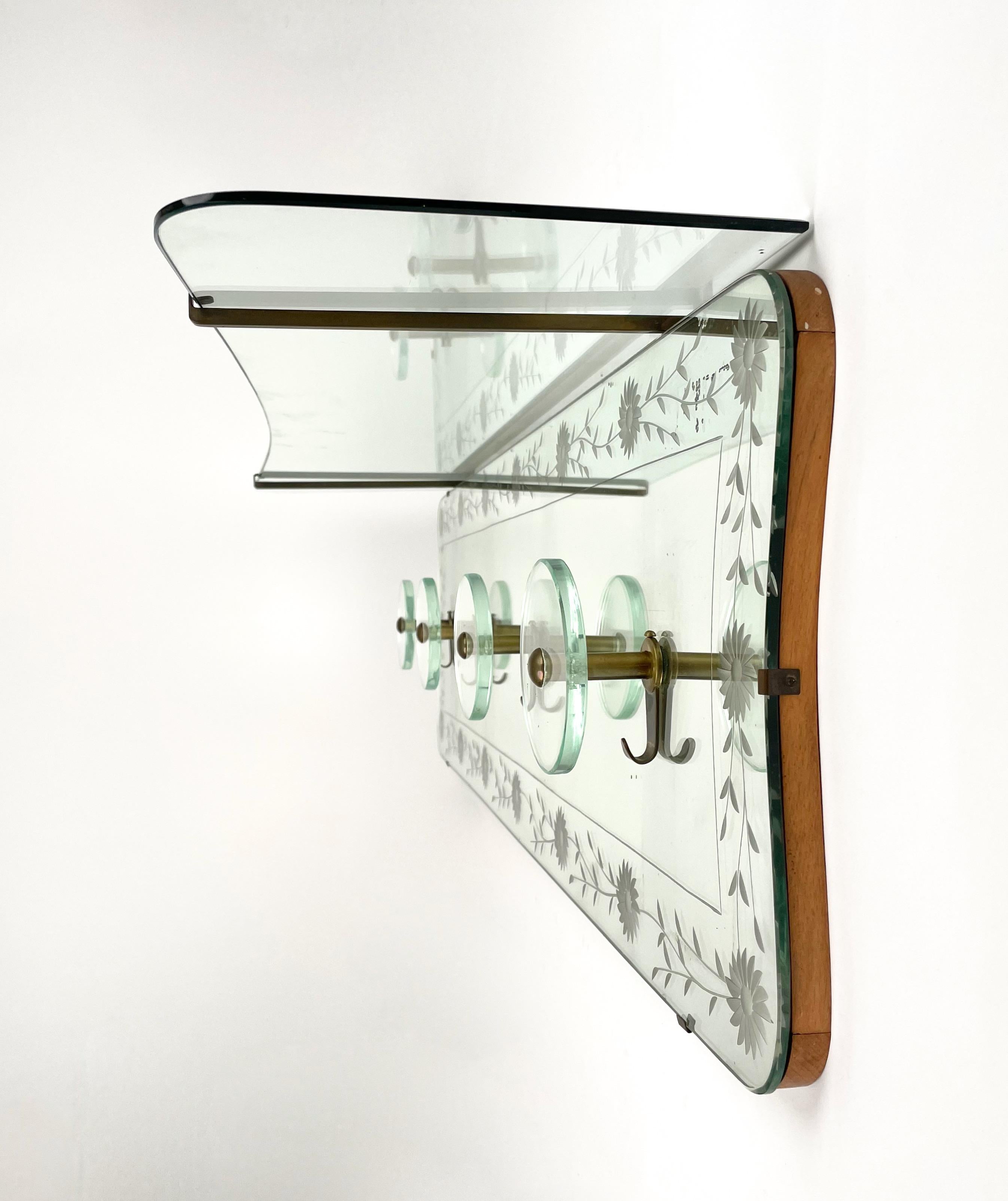 Italian Coat Rack Hanger Shelf in Mirror, Brass and Glass by Cristal Art, Italy, 1950s