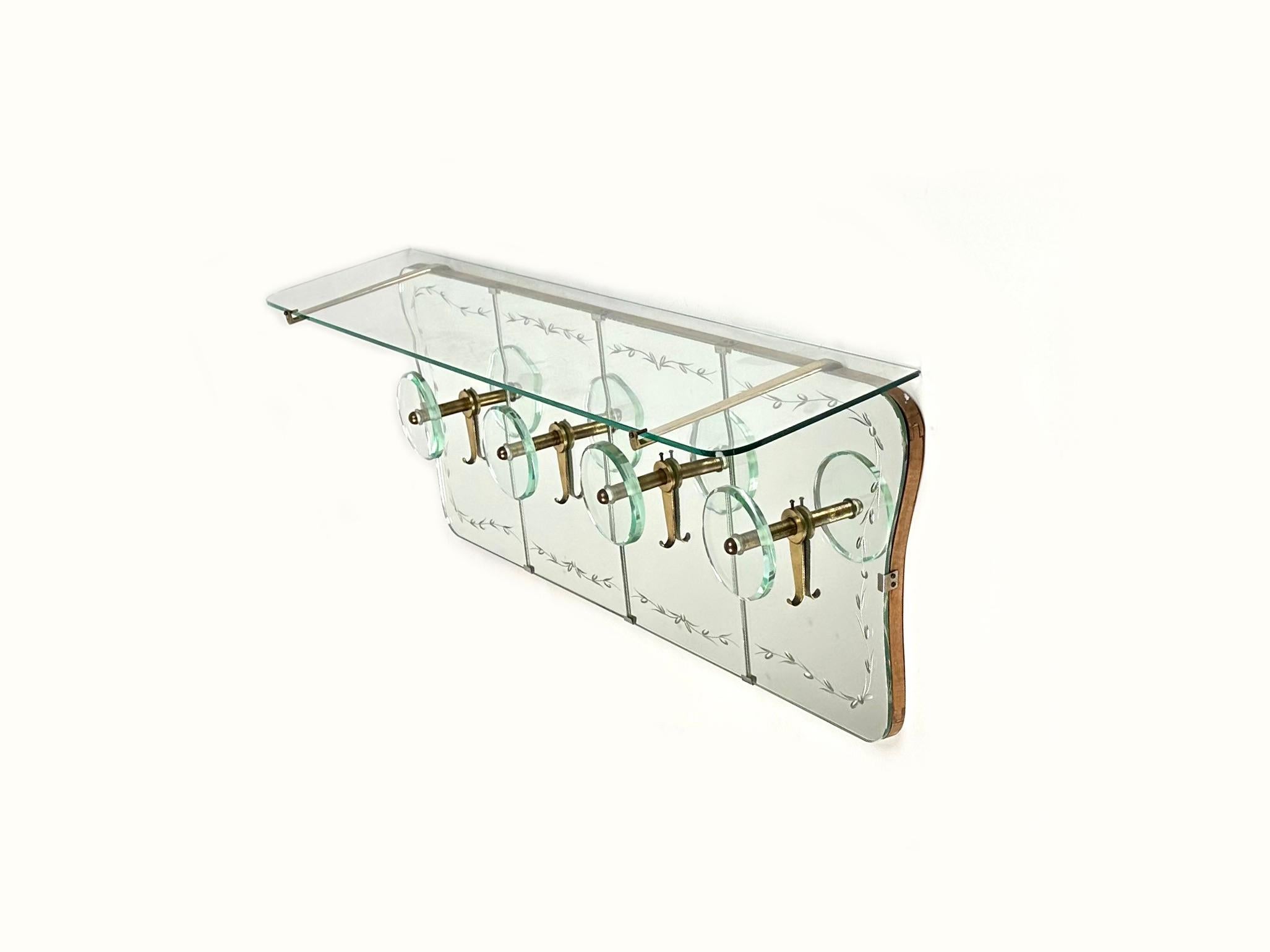 Coat Rack Hanger Shelf in Mirror, Brass and Glass by Cristal Art, Italy, 1950s In Good Condition In Rome, IT