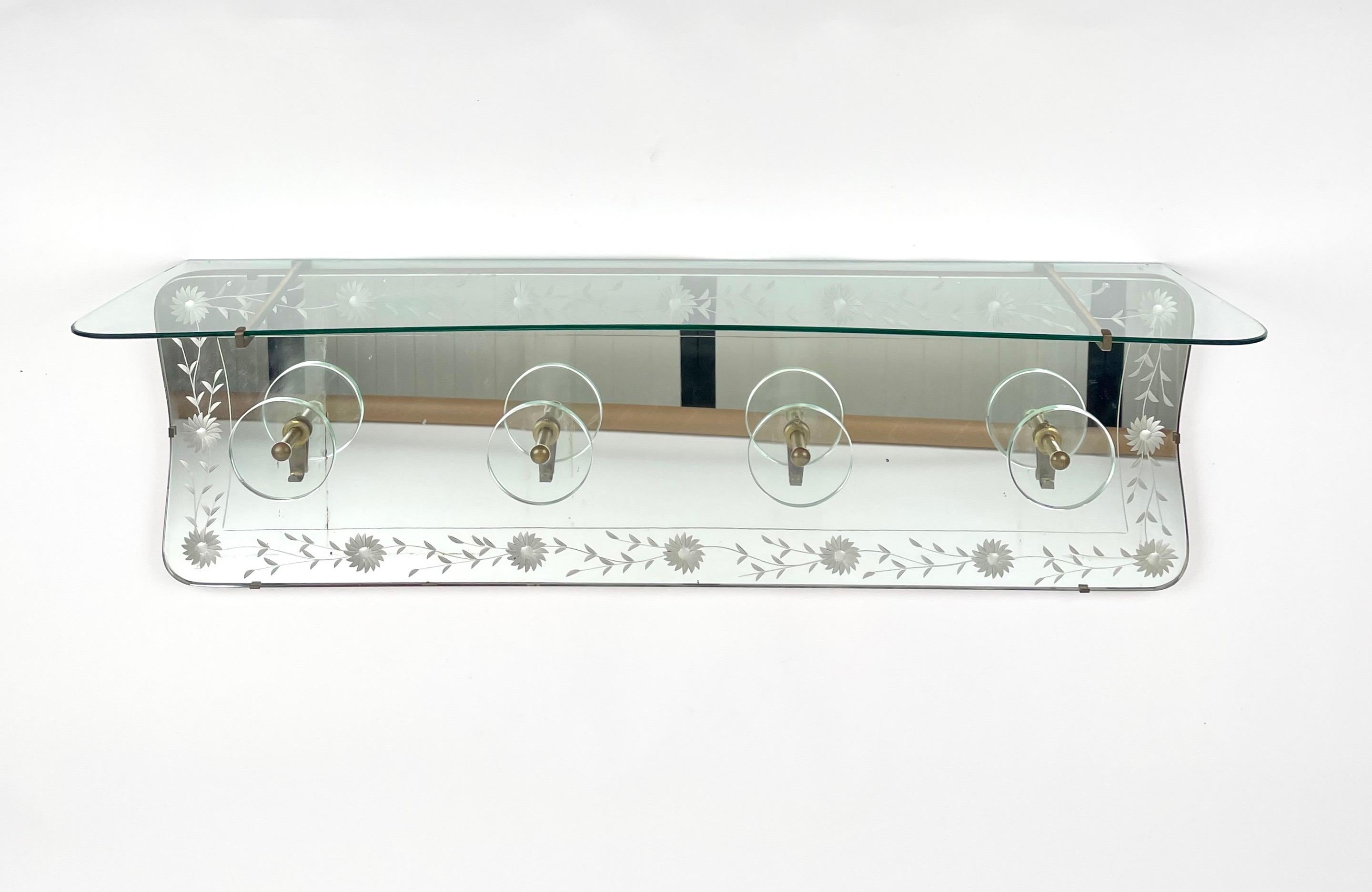 Coat Rack Hanger Shelf in Mirror, Brass and Glass by Cristal Art, Italy, 1950s 2