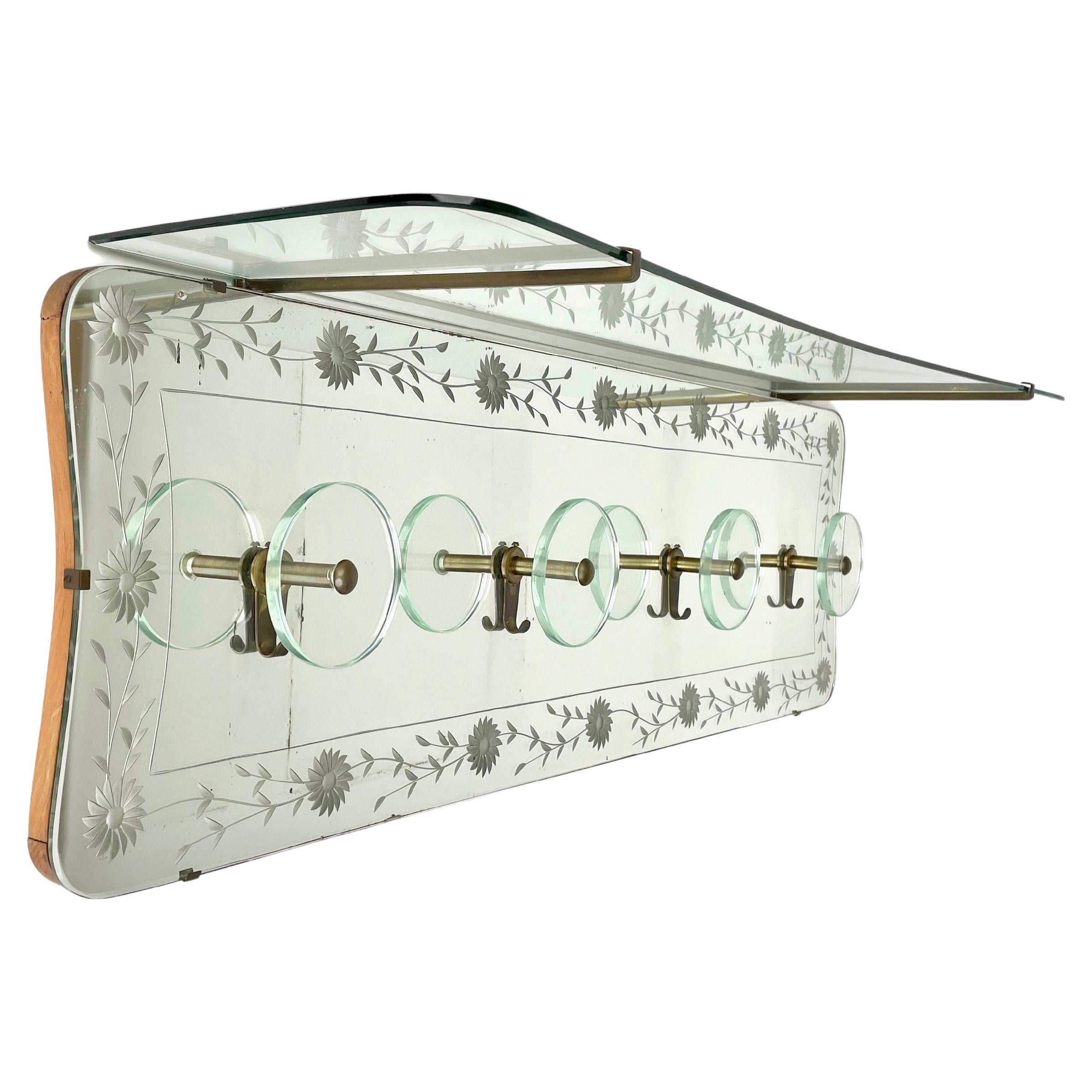 Coat Rack Hanger Shelf in Mirror, Brass and Glass by Cristal Art, Italy, 1950s