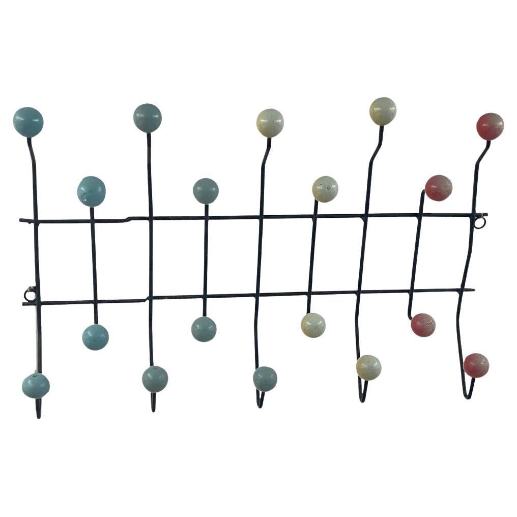 Coat Rack in black painted Metal, with blue and Red Wood Bowls, USA 1970