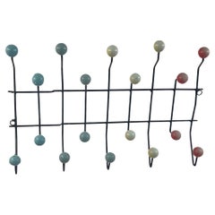 Vintage Coat Rack in black painted Metal, with blue and Red Wood Bowls, USA 1970