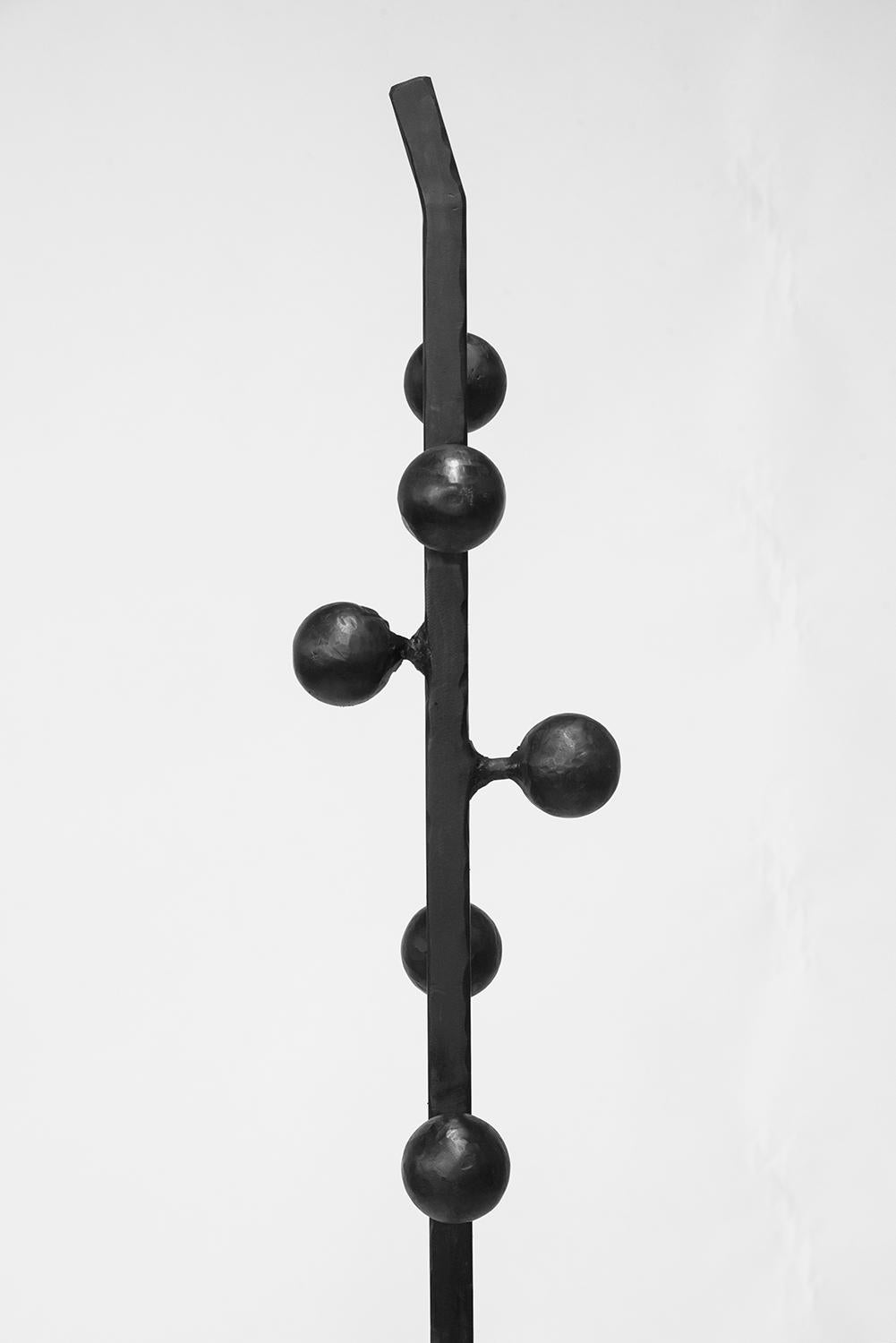 Contemporary Coat Rack Sculptural Modern Spherical Geometric Handmade Carved Blackened Steel For Sale