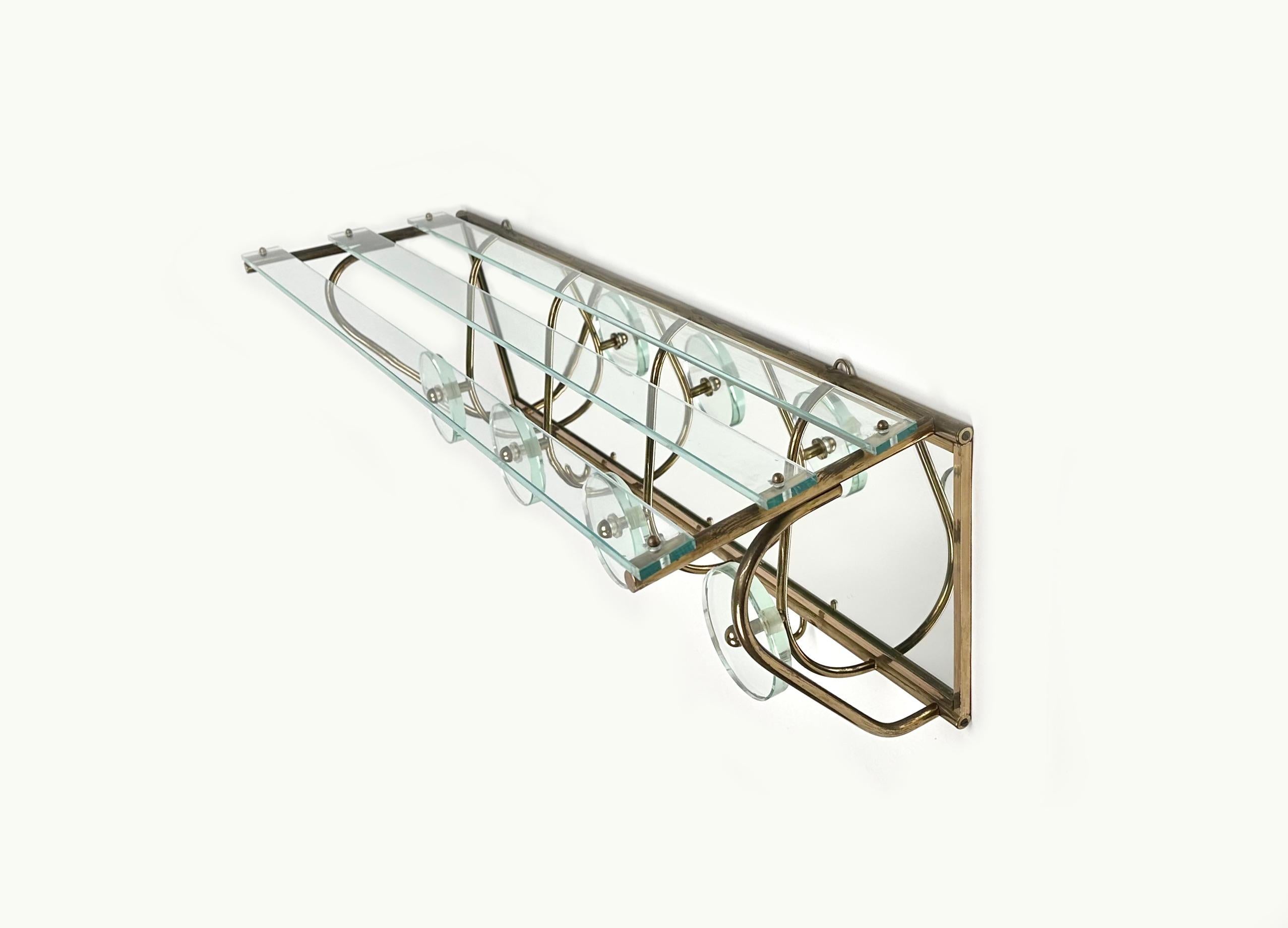 Coat Rack Shelf in Mirror, Brass and Glass Fontana Arte style, Italy 1950s 3
