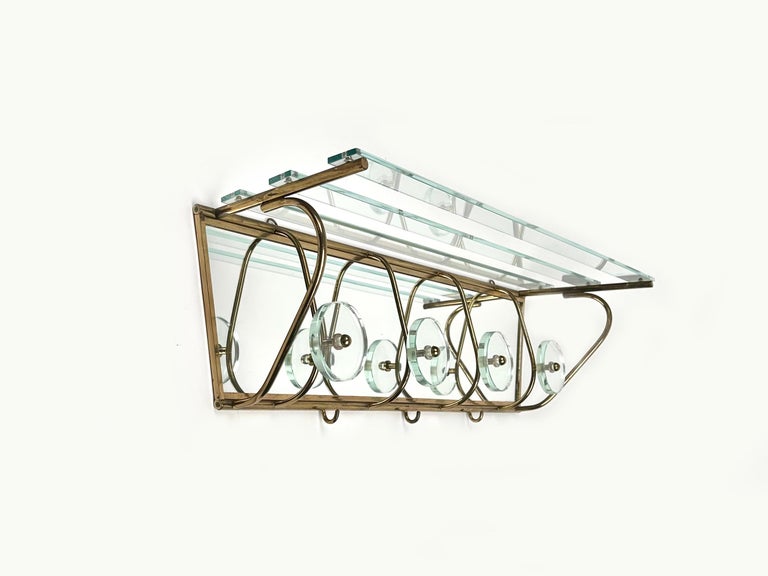 Coat Rack Shelf in Mirror, Brass and Glass Fontana Arte style, Italy