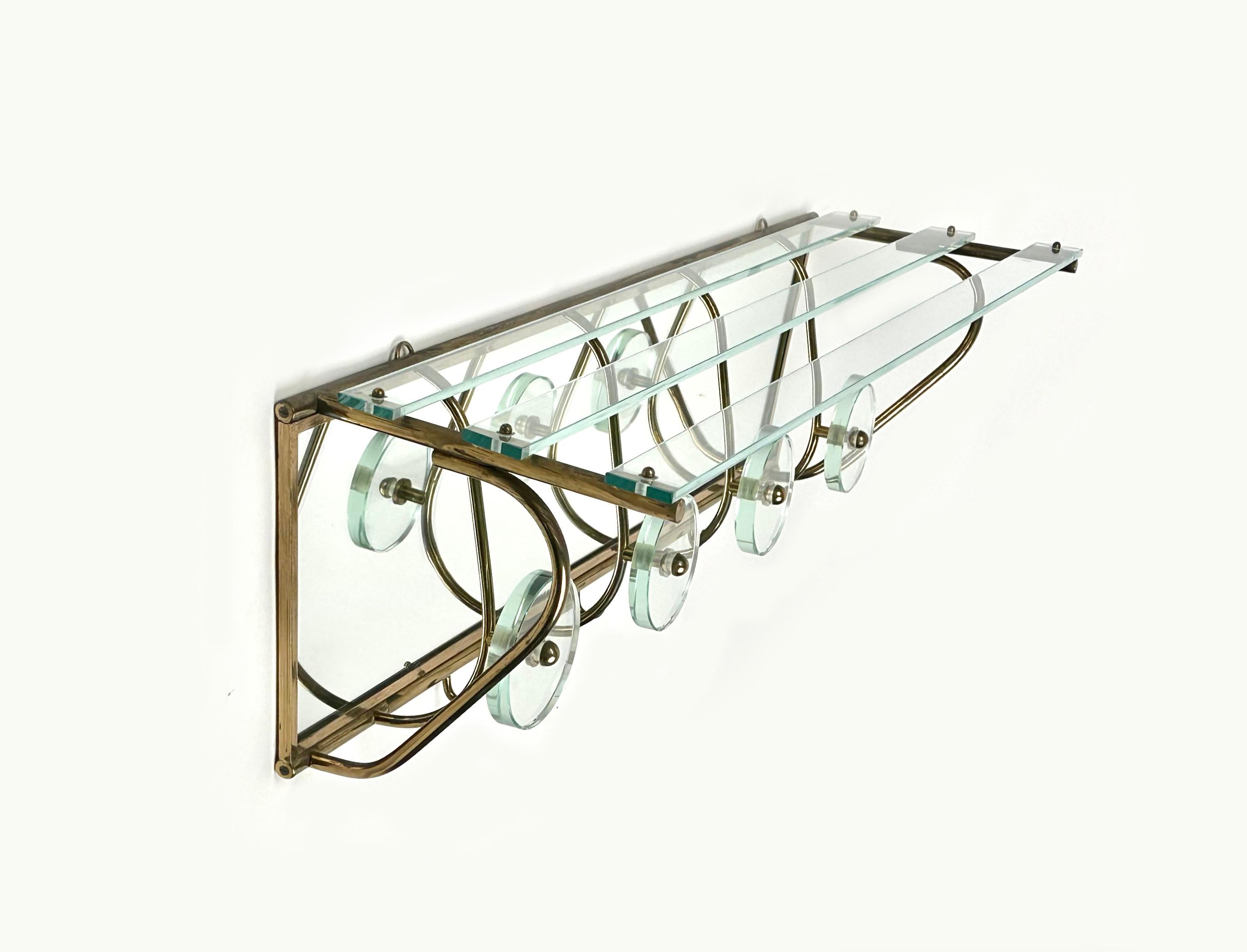 Mid-Century Modern Coat Rack Shelf in Mirror, Brass and Glass Fontana Arte style, Italy 1950s