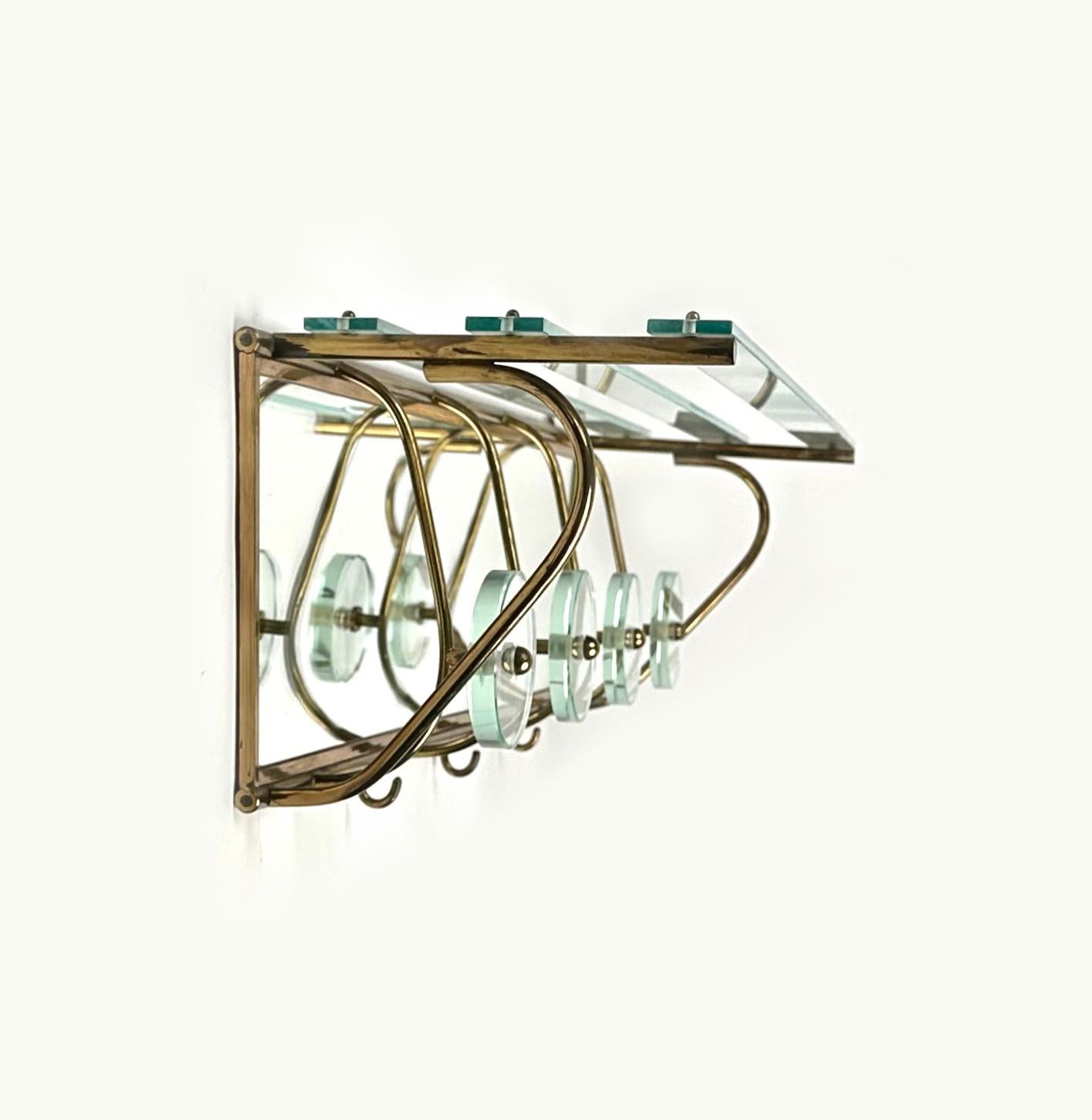 Italian Coat Rack Shelf in Mirror, Brass and Glass Fontana Arte style, Italy 1950s