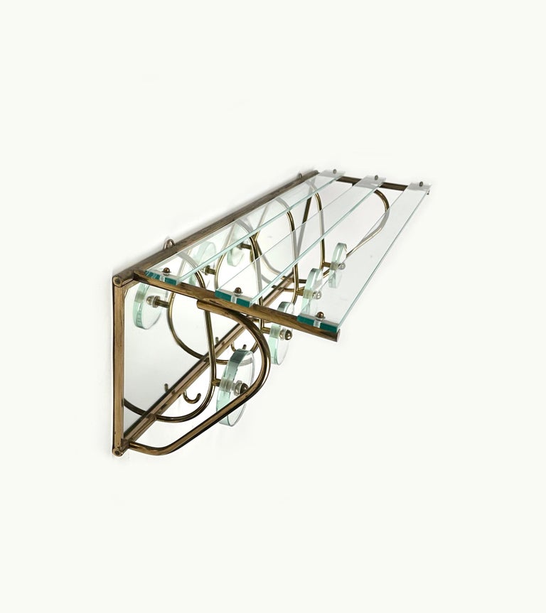 Coat Rack Shelf in Mirror, Brass and Glass Fontana Arte style, Italy