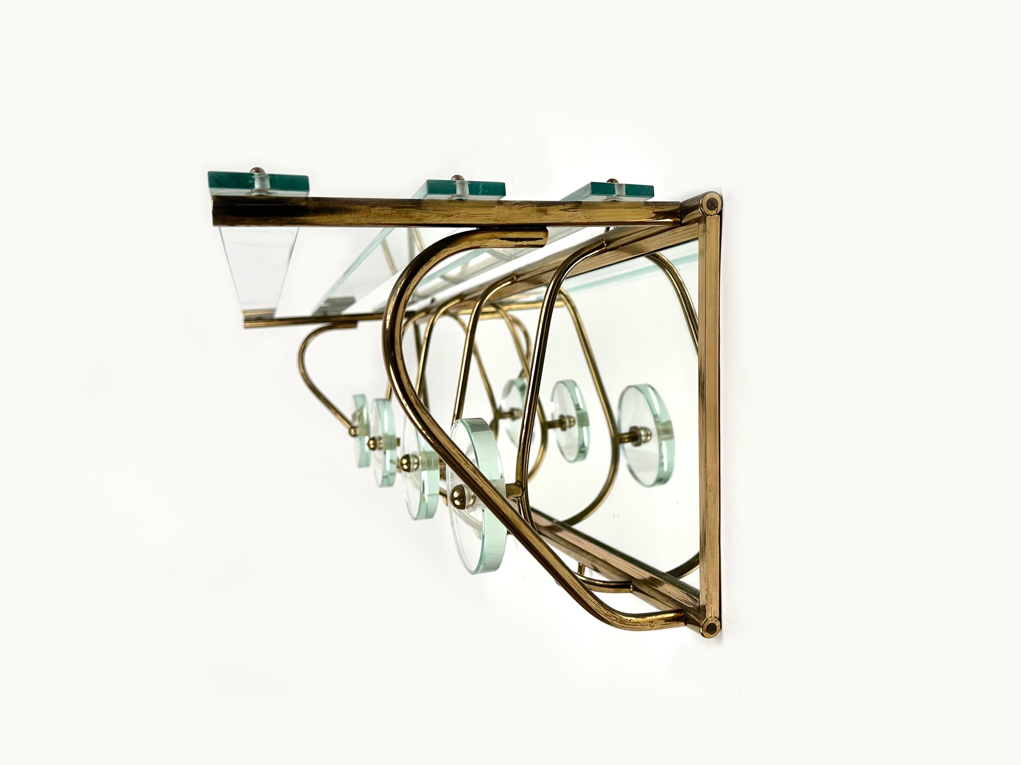 Mid-20th Century Coat Rack Shelf in Mirror, Brass and Glass Fontana Arte style, Italy 1950s