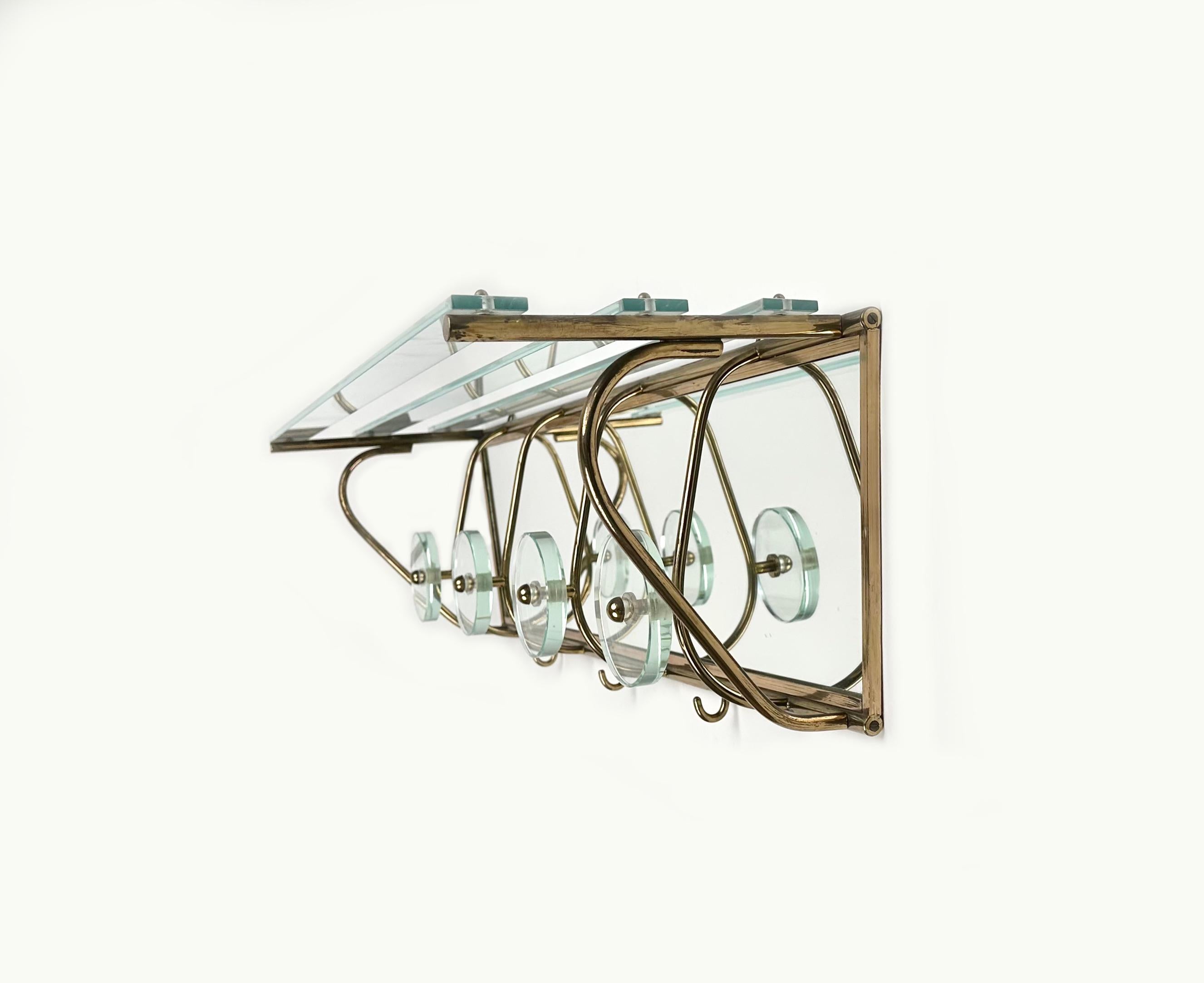 Metal Coat Rack Shelf in Mirror, Brass and Glass Fontana Arte style, Italy 1950s