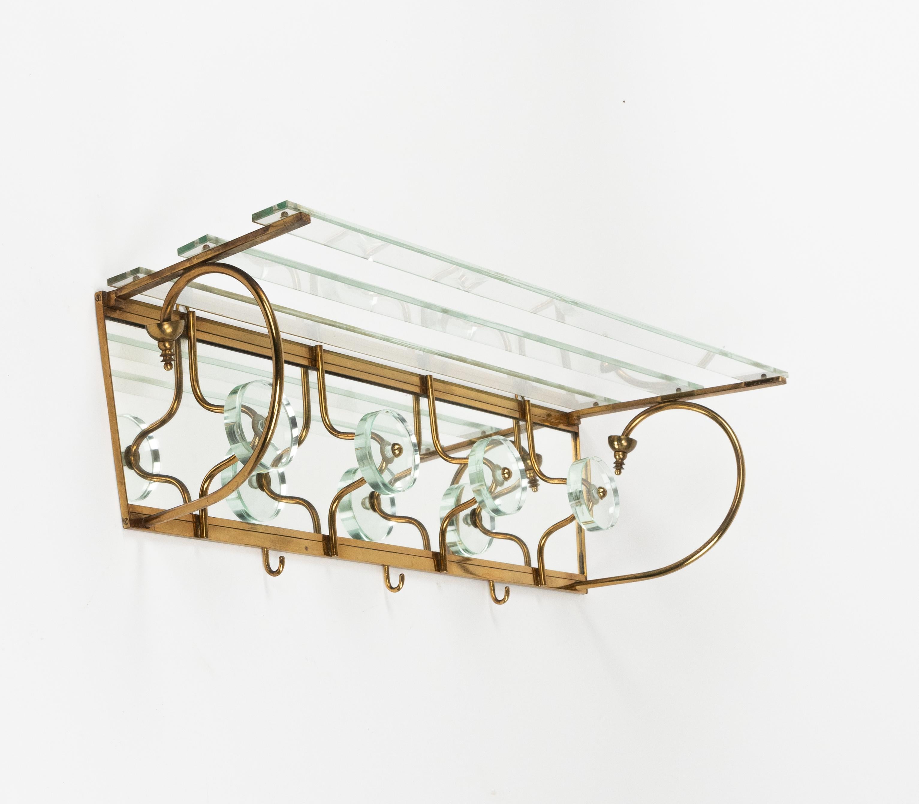 Coat Rack Shelf in Mirror, Brass and Glass Fontana Arte Style, Italy 1950s (Metall) im Angebot