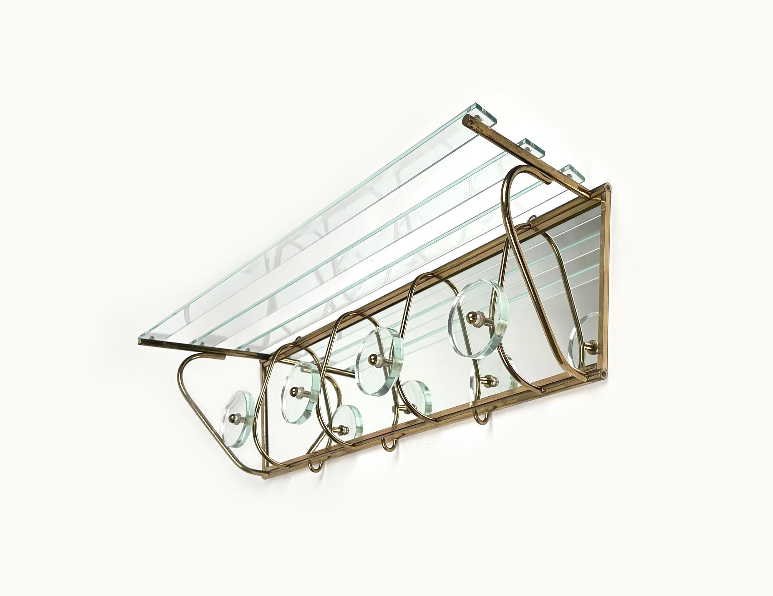 Coat Rack Shelf in Mirror, Brass and Glass Fontana Arte style, Italy 1950s 1