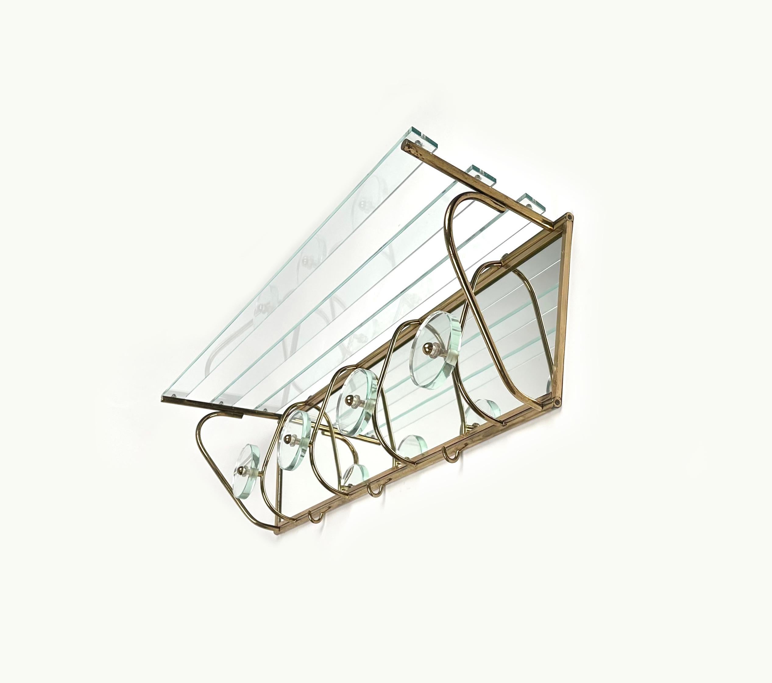 Coat Rack Shelf in Mirror, Brass and Glass Fontana Arte style, Italy 1950s 2