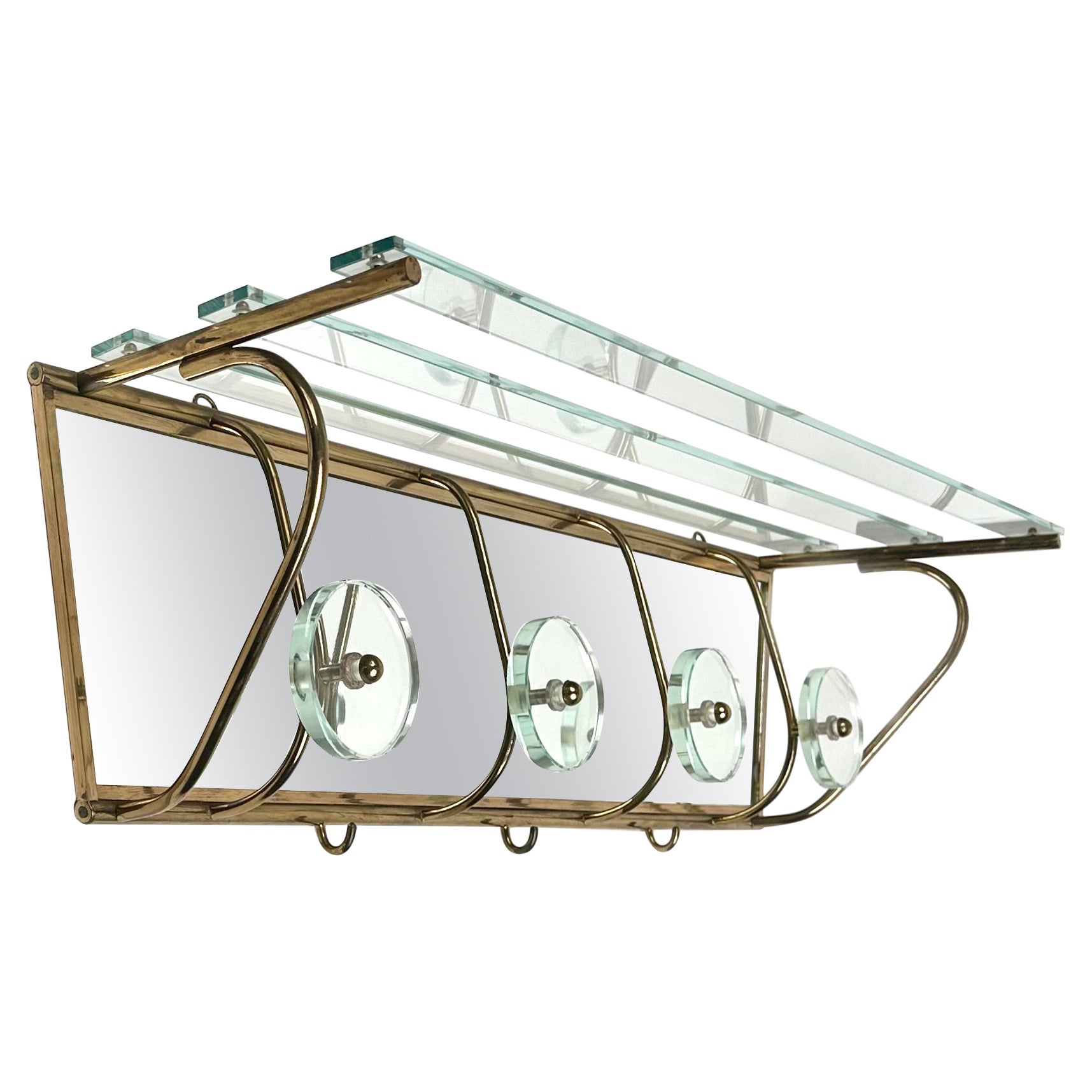 Porte-manteau étagère en miroir, laiton et verre style Fontana Arte, Italie années 1950