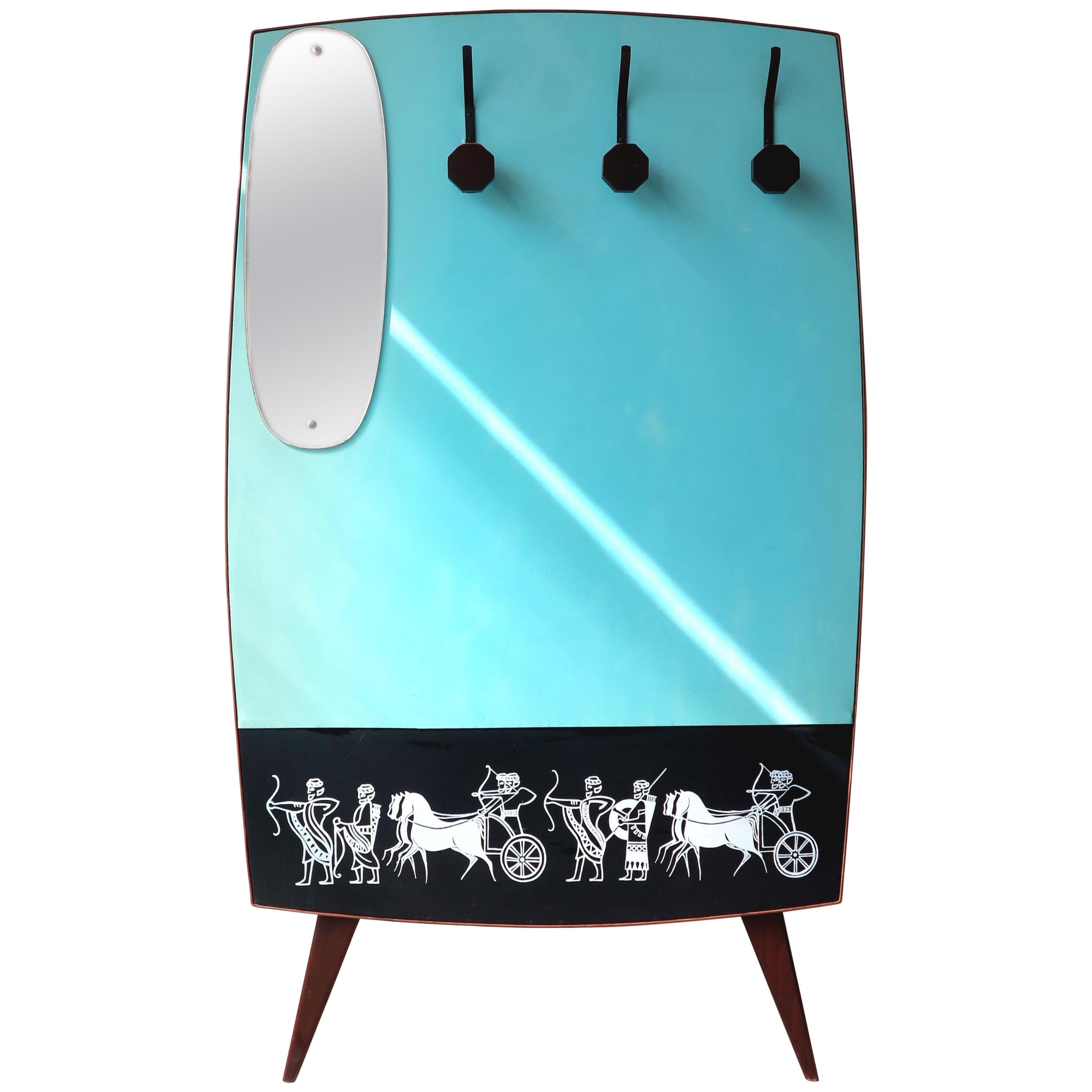 Coat Rack with Mirror and Persian Motif on Original Eco-Friendly Leather, 1950s