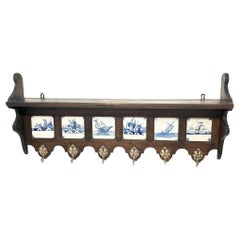 Coat Rack with Stylish Blue Glazed 18th Century Tiles and Bronze Hooks