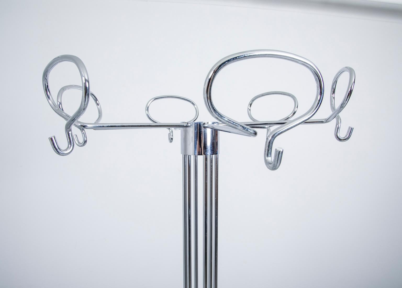 Coat rack / hangar produced by Valenti Cusago in Milan, Italy. Valenti is a renowned design house known for collaborating with innovative and recognized designers. The coat racks / hangars date to the 1980s and are made from chromed steel and a