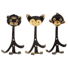 Coat Wall Hooks Cat Bull Monkey, Blackened Brass, Walter Bosse, Austria, 1950