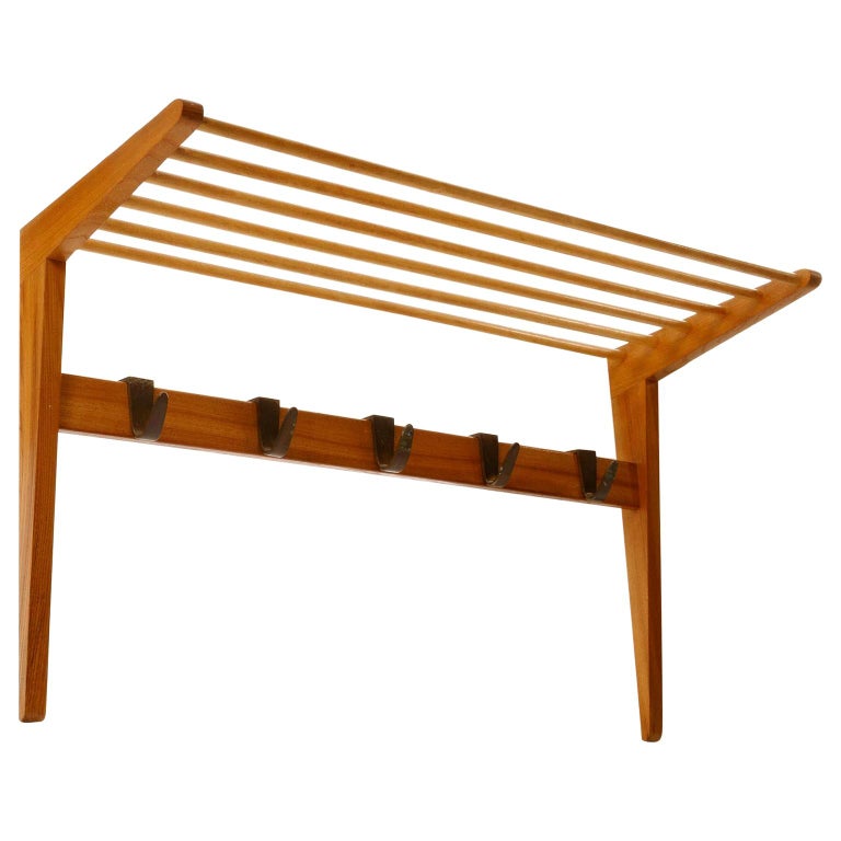 Coatrack Hatrack Coat Hat Rack Wardrobe, Wood Patinated Brass Hooks