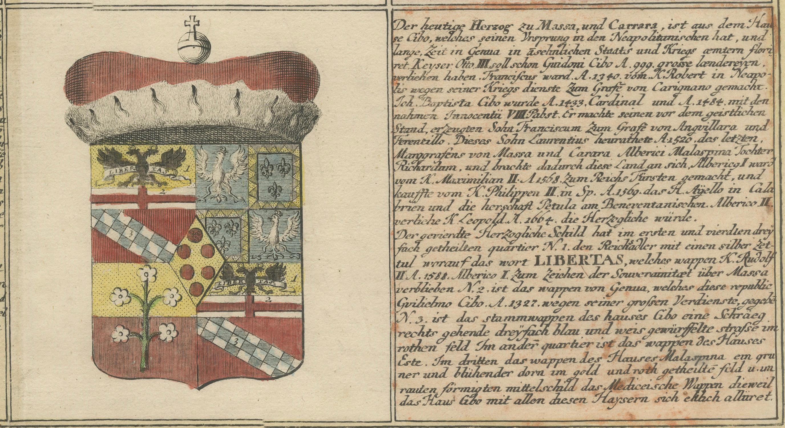 Historische Wappen-Charte: Coats of Arms of the Prominent Italian Royal and Ducal Houses, 1718

This exquisite copper engraving, printed in 1718 in Nuremberg by Johann Ernst Adelbulner, showcases the coats of arms of prominent Italian royal and