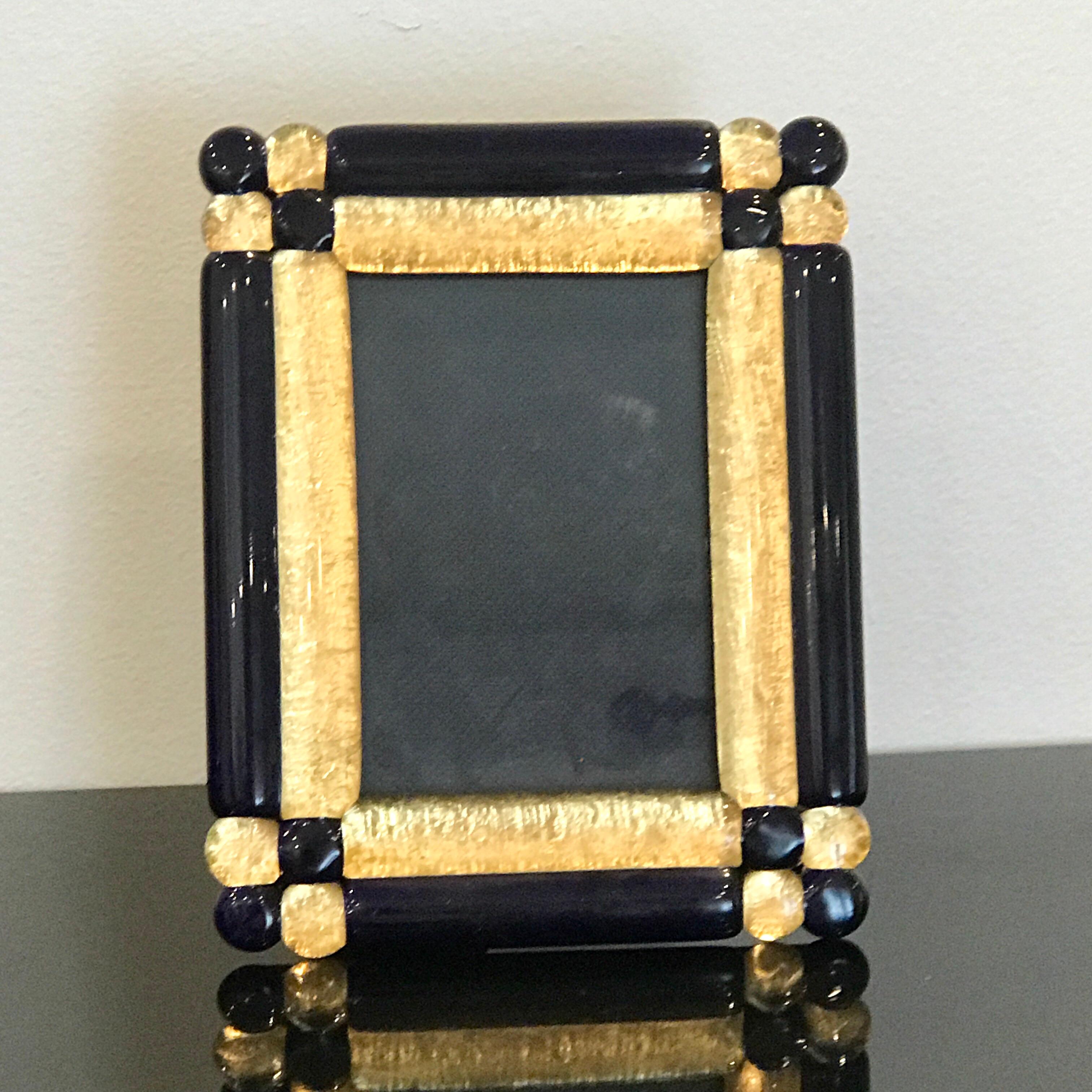 Cobalt and gold infused Murano glass picture frame, holds a 3.5