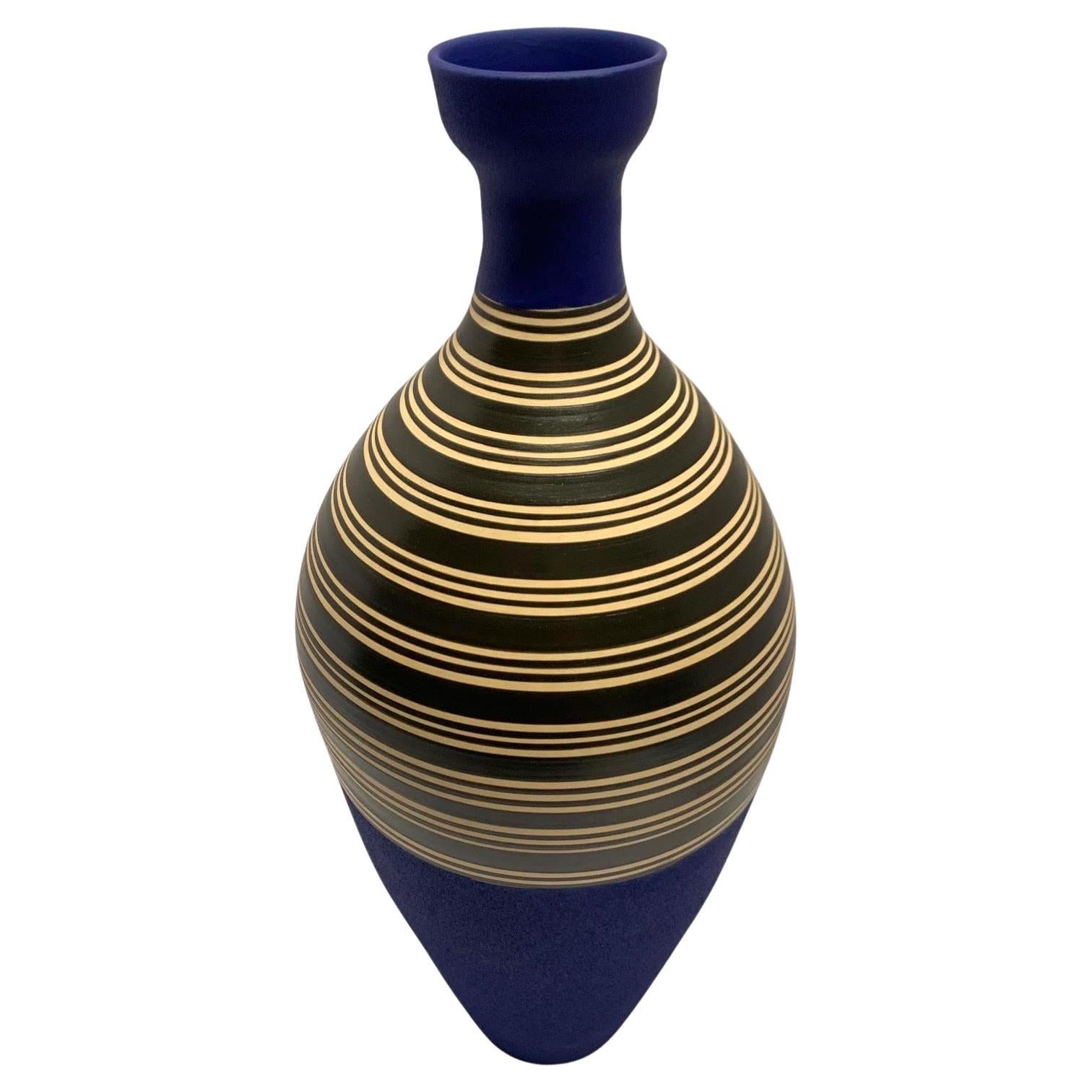 Cobalt Blue and Black and White Stripe Vase, Turkey, Contemporary For Sale