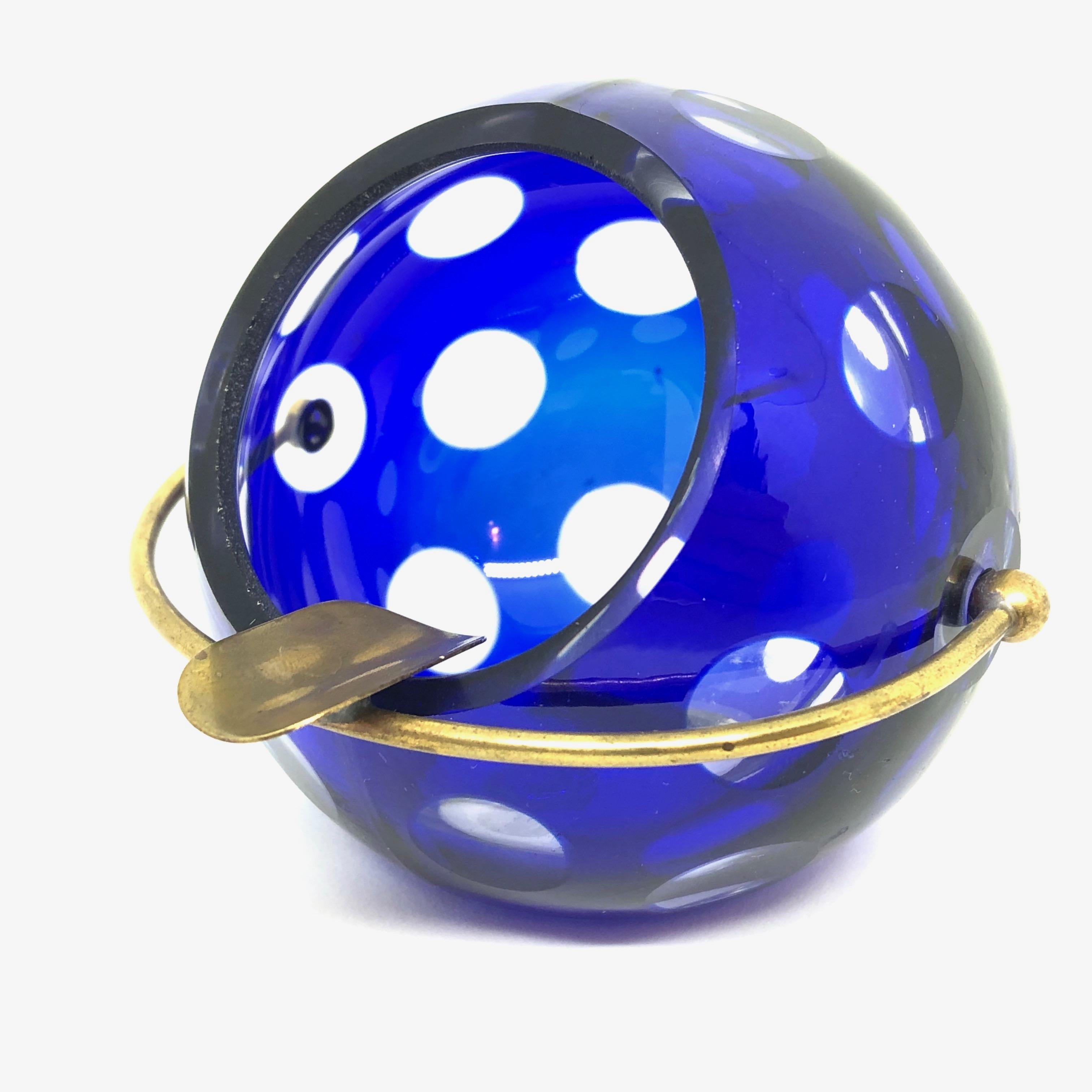 Mid-Century Modern Cobalt Blue and Brass Crystal Glass Ball Ash Tray, German, 1950s