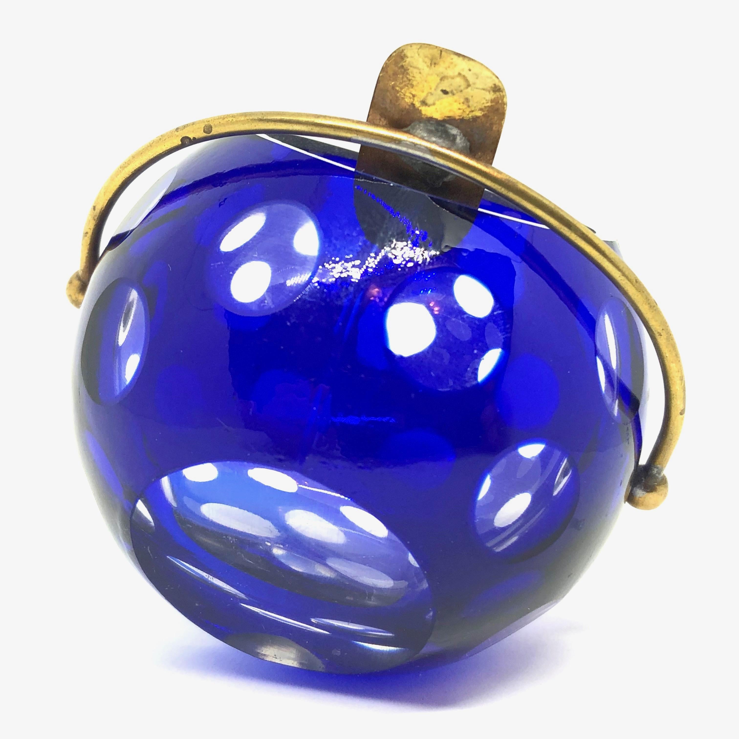 Cobalt Blue and Brass Crystal Glass Ball Ash Tray, German, 1950s In Good Condition In Nuernberg, DE