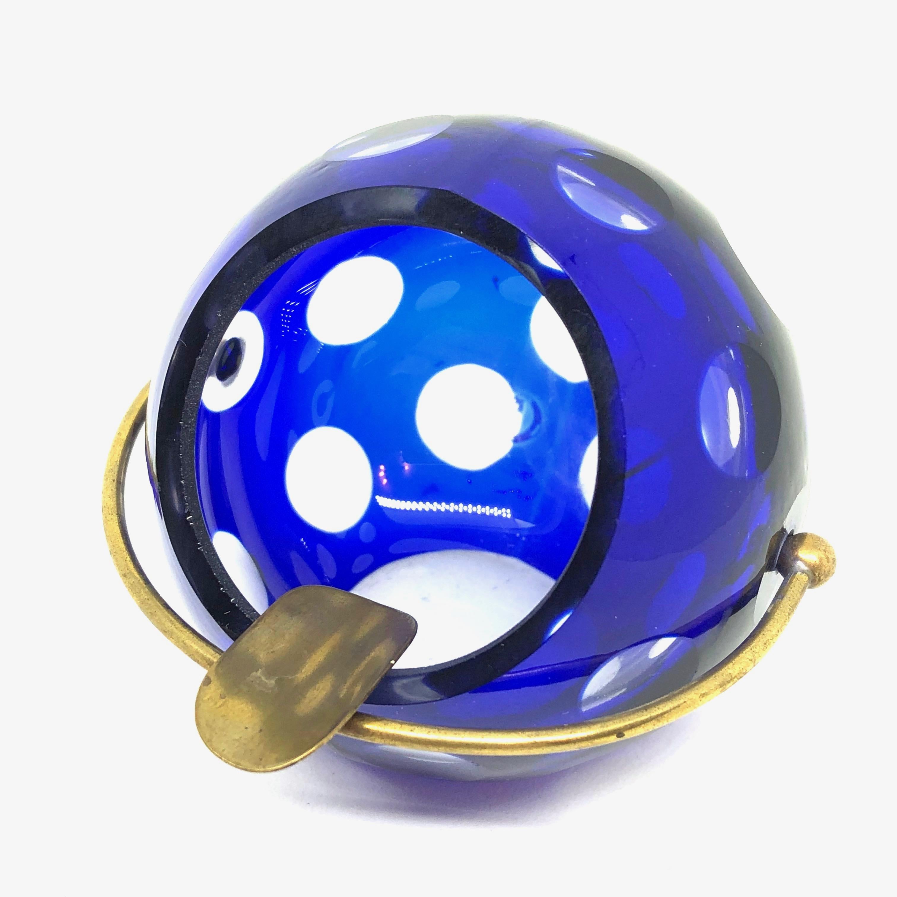 20th Century Cobalt Blue and Brass Crystal Glass Ball Ash Tray, German, 1950s