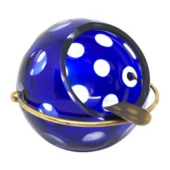 Cobalt Blue and Brass Crystal Glass Ball Ash Tray, German, 1950s