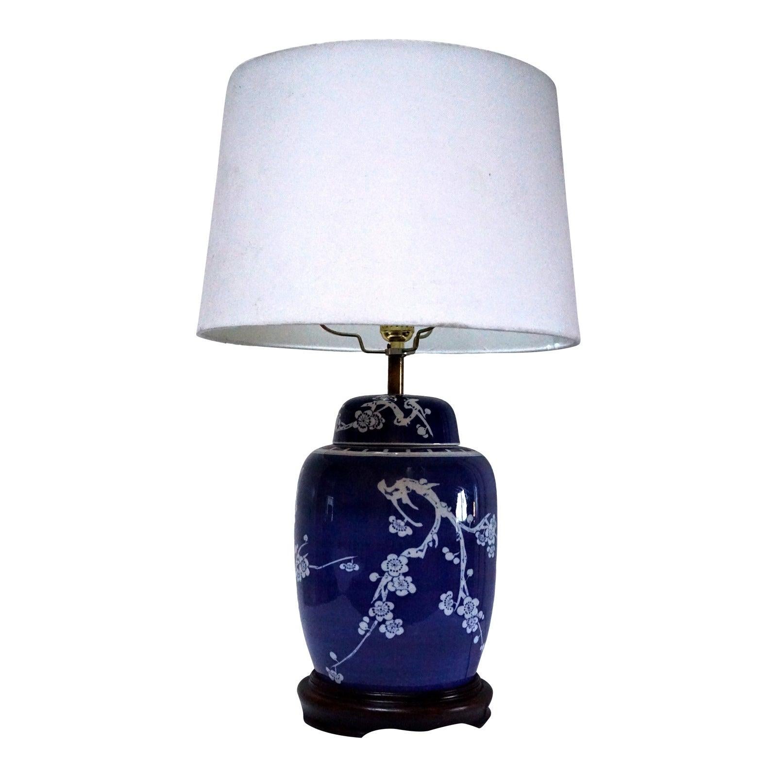 Cobalt Blue and White Prunus Cherry Blossom Vintage Table Lamp on Walnut Stand 3