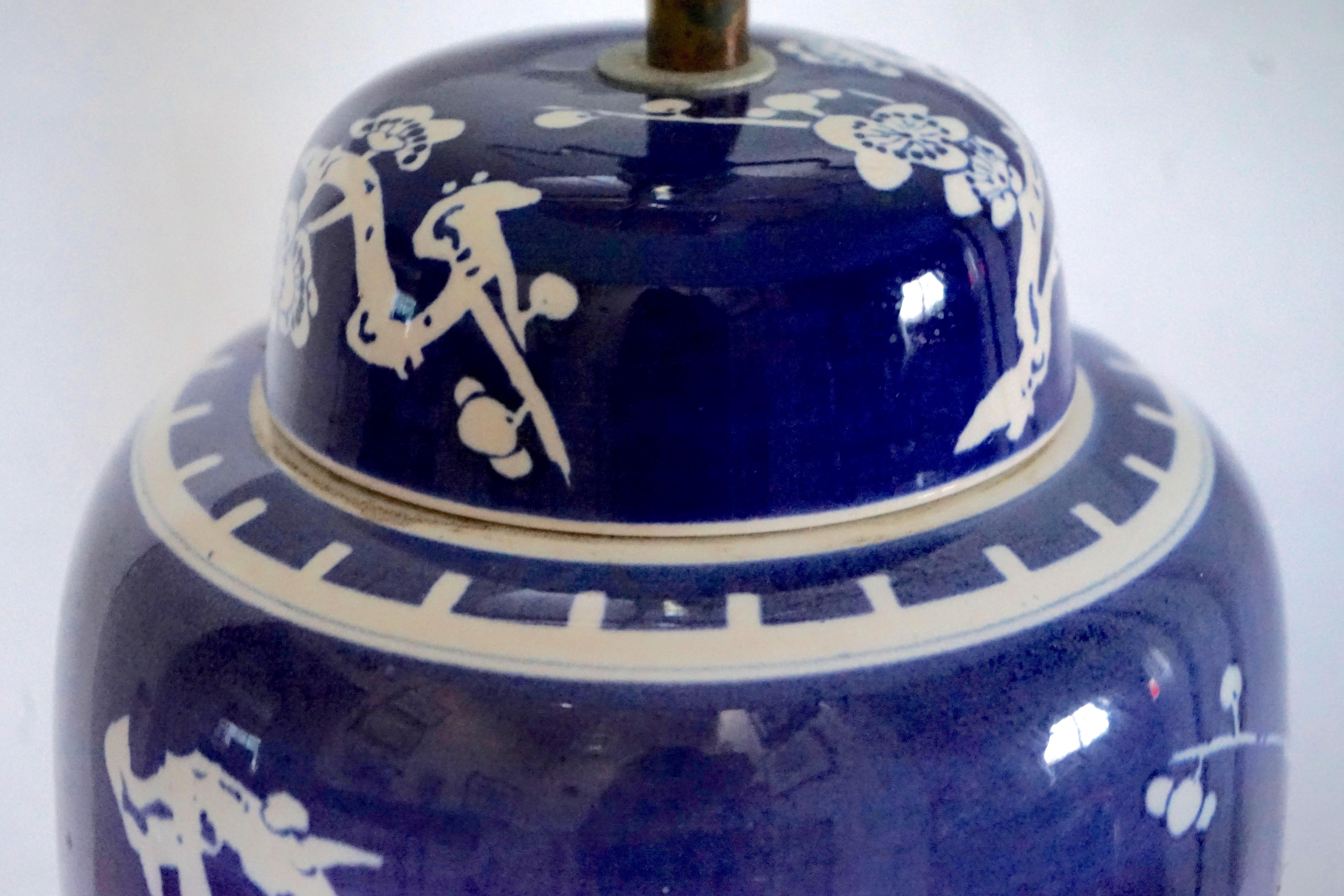 Hand-Painted Cobalt Blue and White Prunus Cherry Blossom Vintage Table Lamp on Walnut Stand