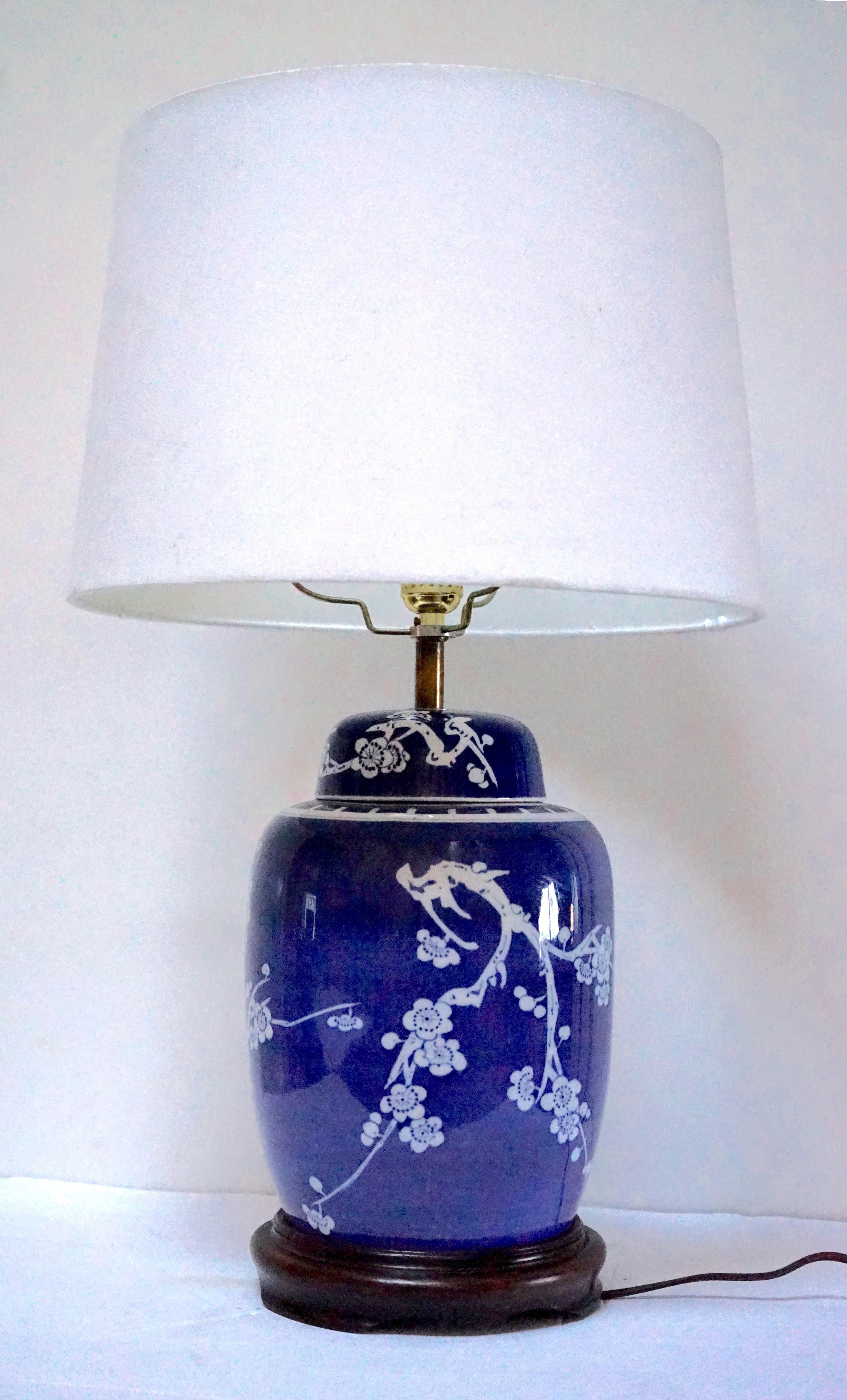 20th Century Cobalt Blue and White Prunus Cherry Blossom Vintage Table Lamp on Walnut Stand