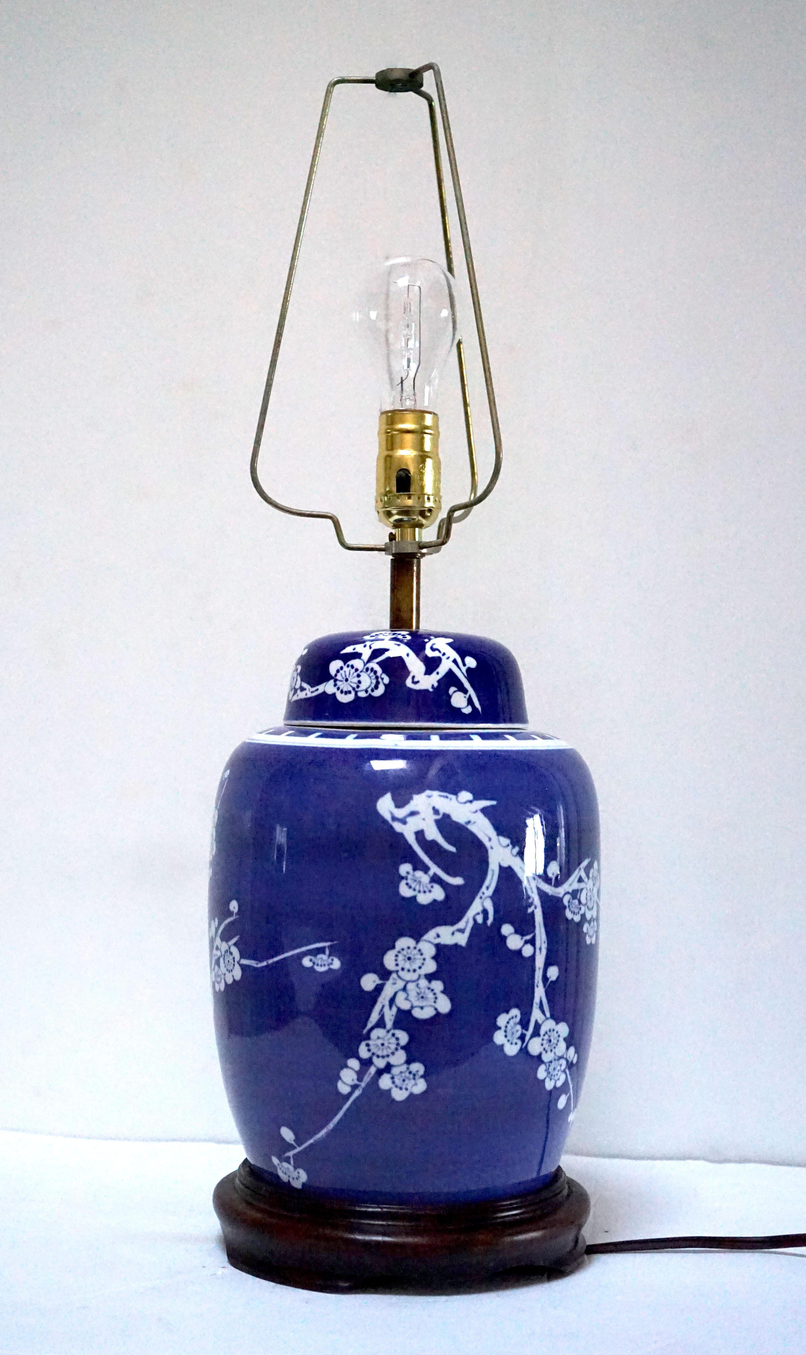 Ceramic Cobalt Blue and White Prunus Cherry Blossom Vintage Table Lamp on Walnut Stand