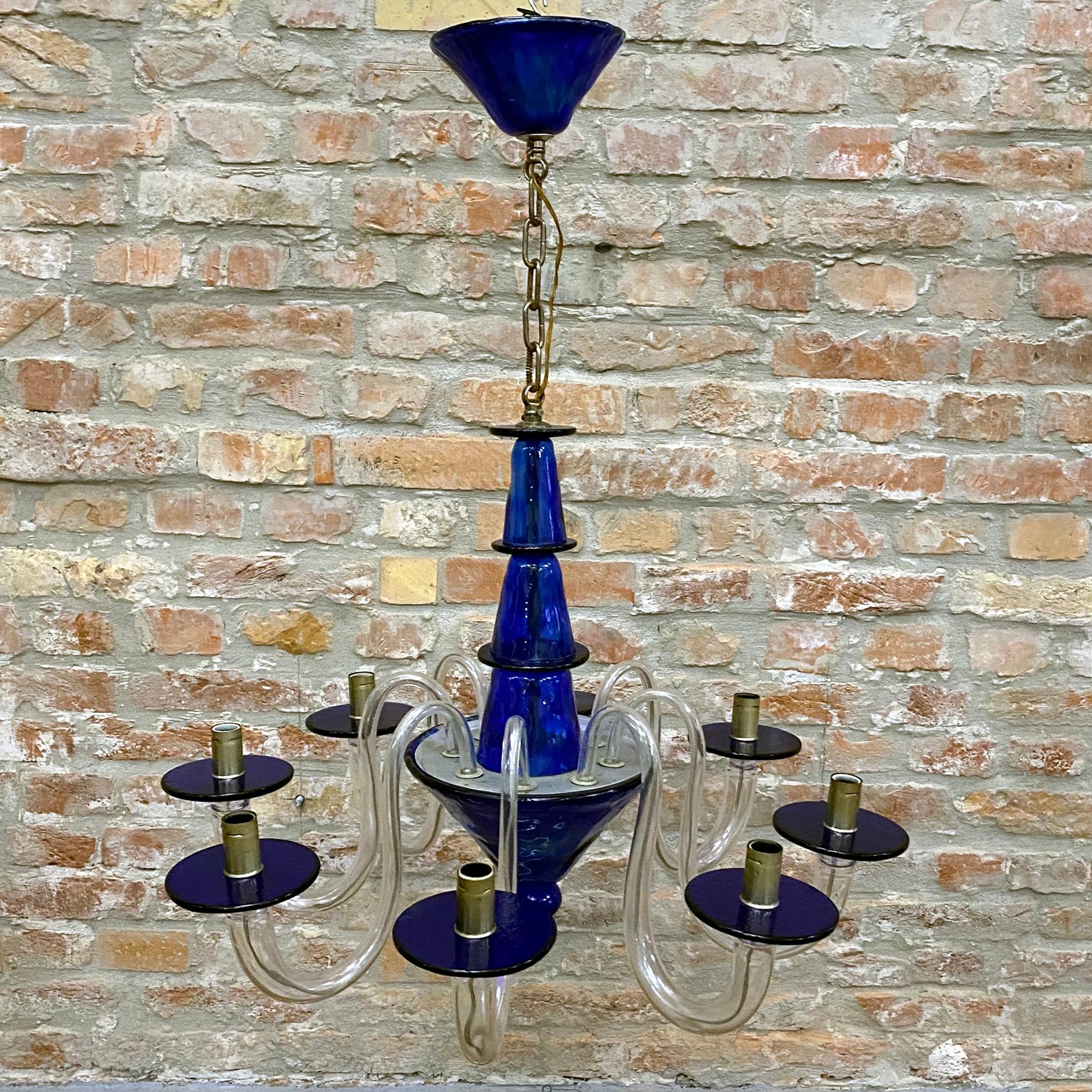 Italian Cobalt Blue Art Deco Style Murano 8-Arm Chandelier by La Murrina, Italy, 1980s For Sale