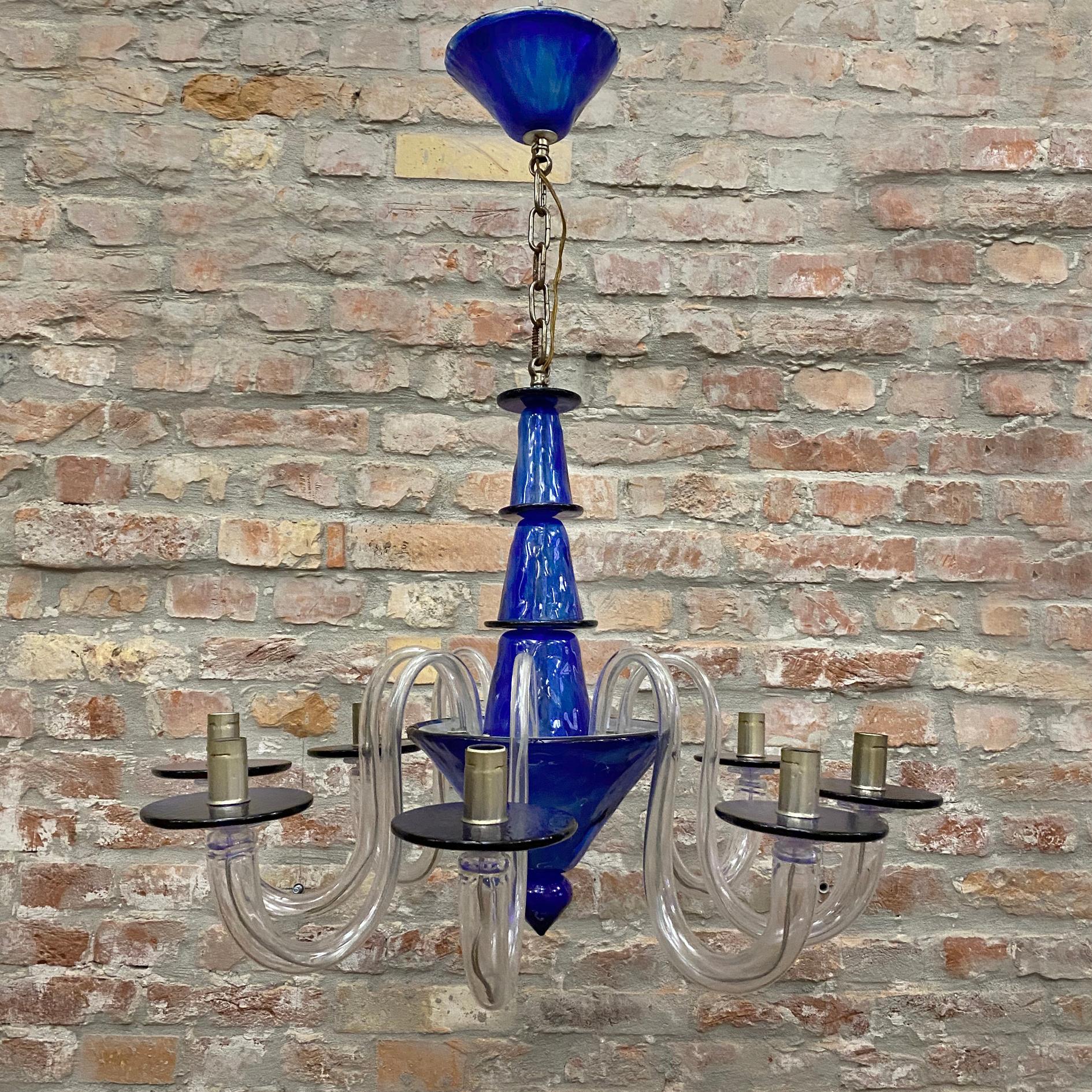Blown Glass Cobalt Blue Art Deco Style Murano 8-Arm Chandelier by La Murrina, Italy, 1980s For Sale