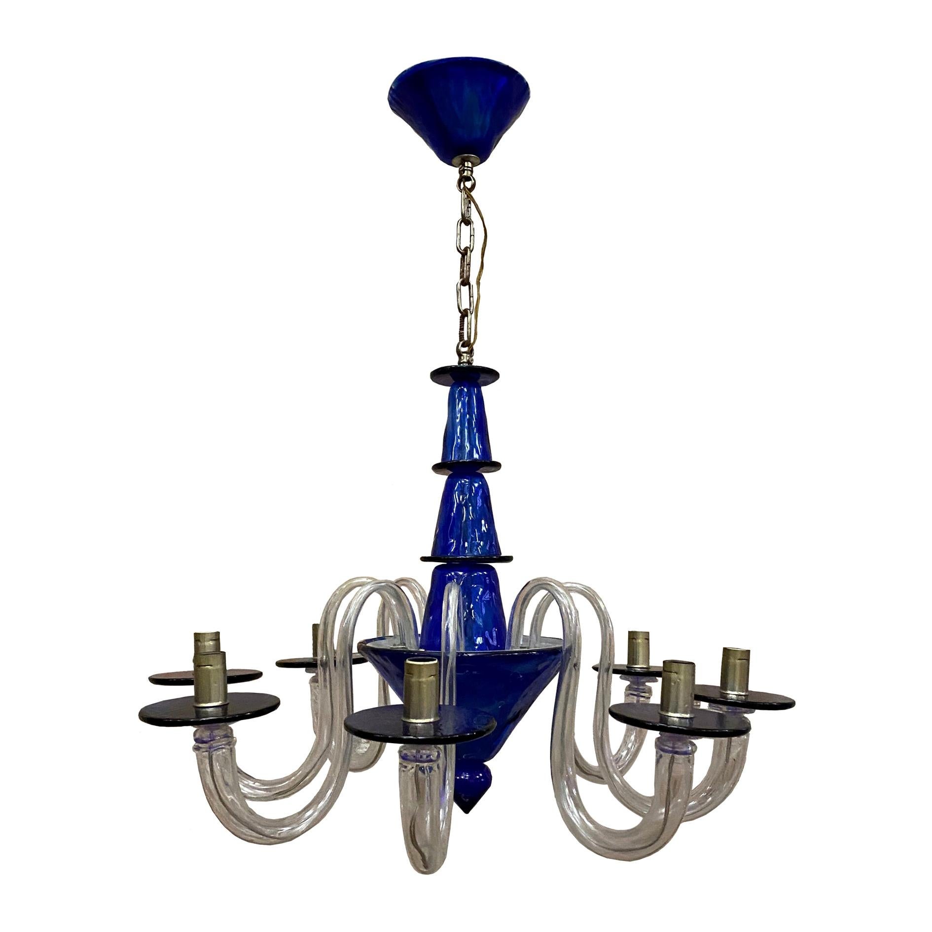 Cobalt Blue Art Deco Style Murano 8-Arm Chandelier by La Murrina, Italy, 1980s For Sale