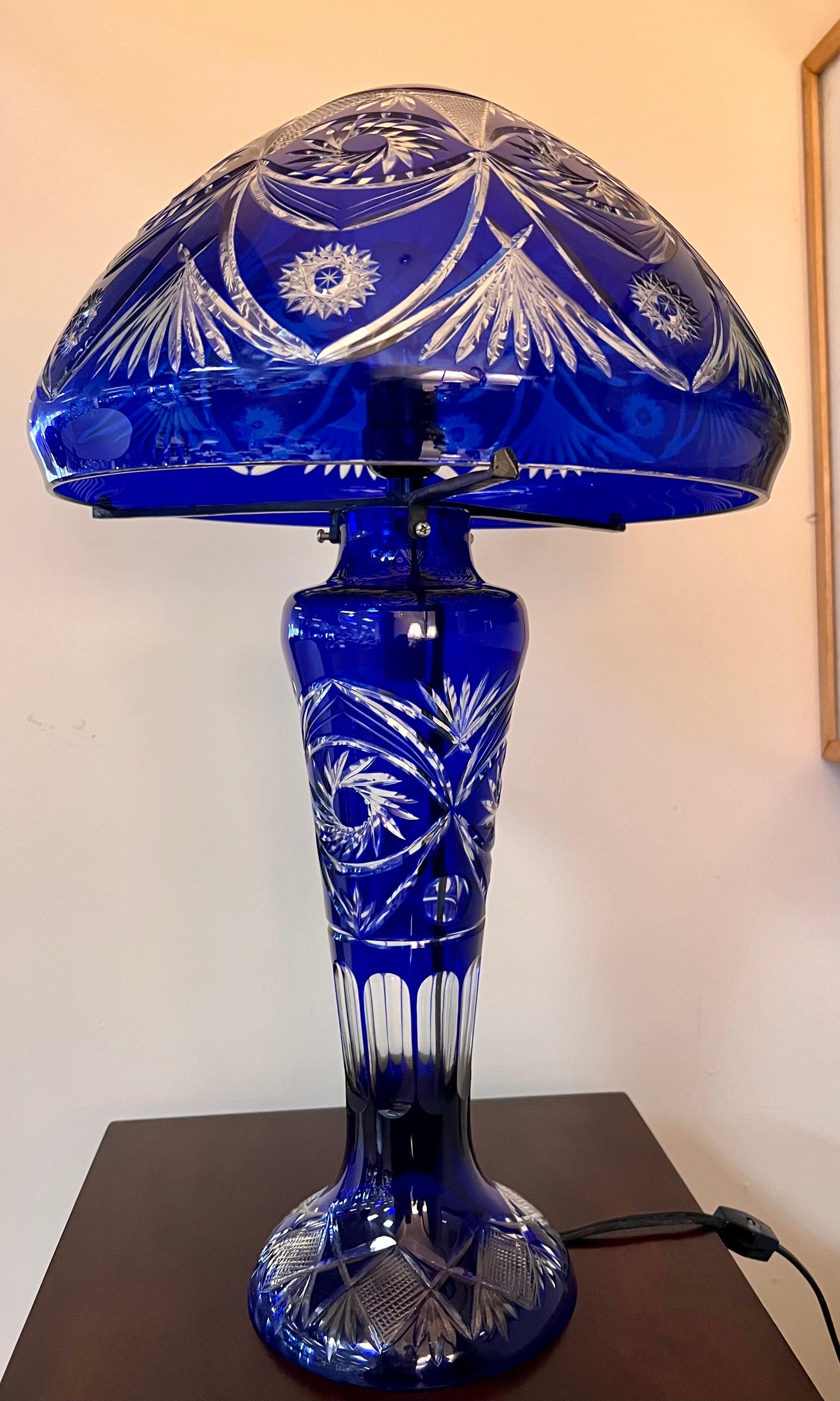 Stunning large cobalt blue cut glass mushroom lamp featuring cut decoration to clear glass.