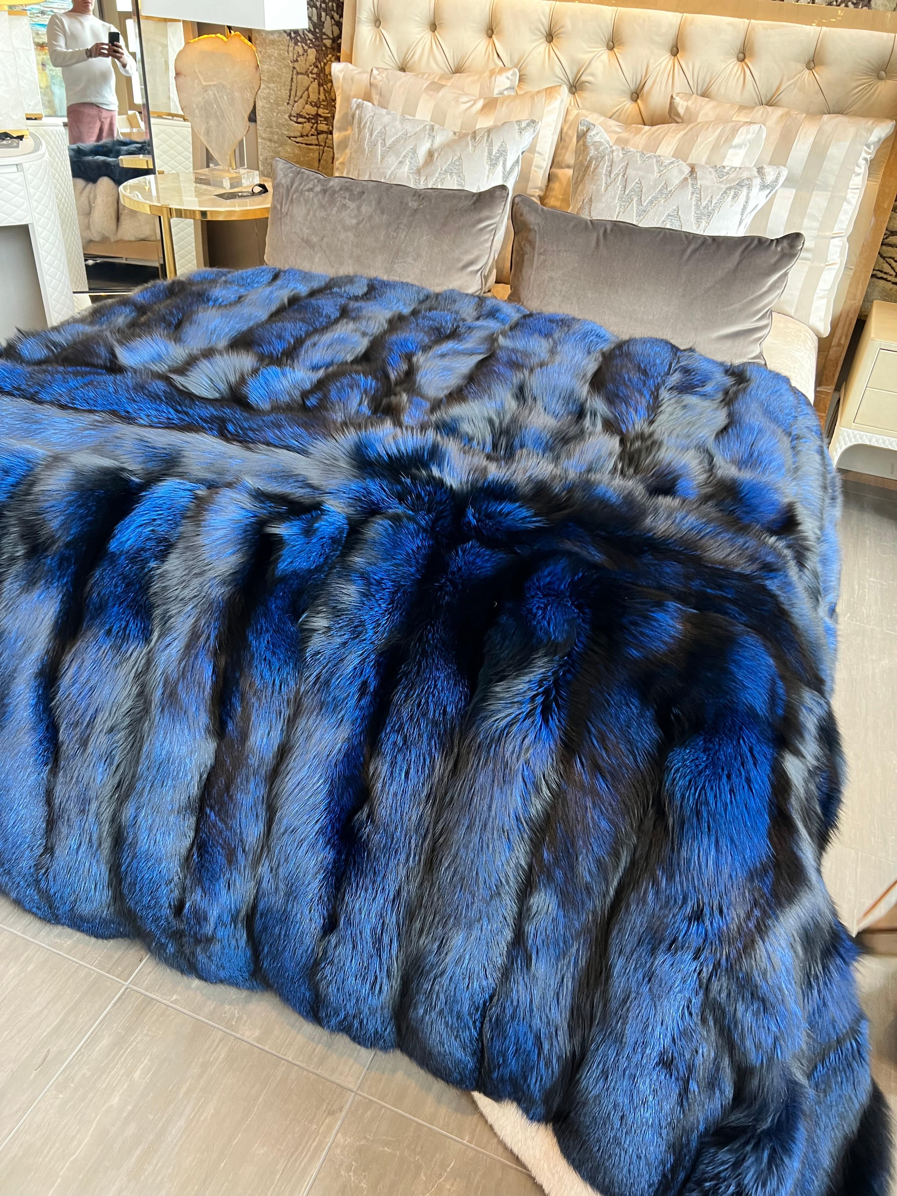 This magical natural dyed cobalt blue silk lined fox Canadian dense fur throw/blanlet is amazing in any room.
