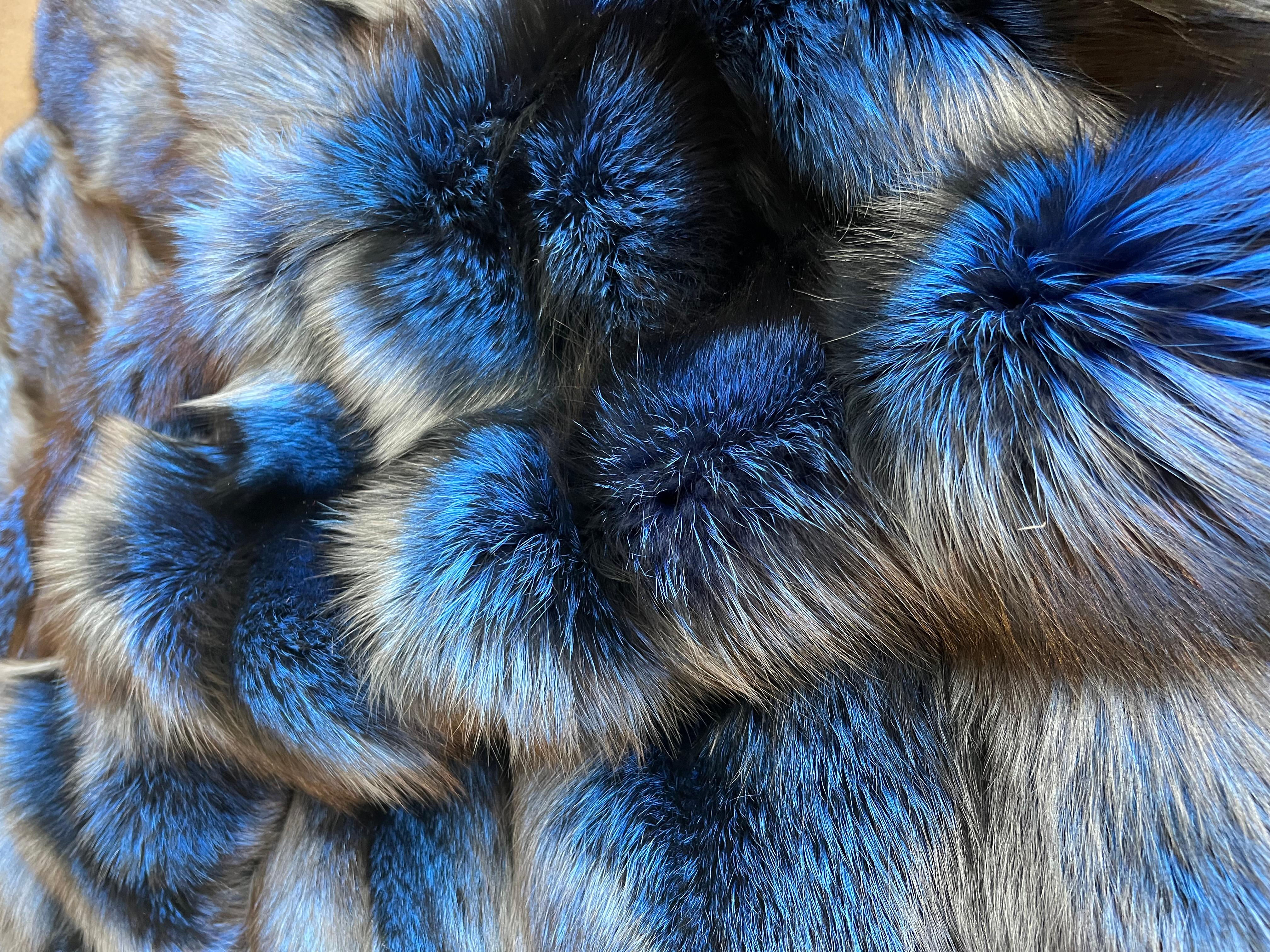 Cobalt Blue Canadian Fox Fur Throw Blanket In New Condition For Sale In Vancouver, CA